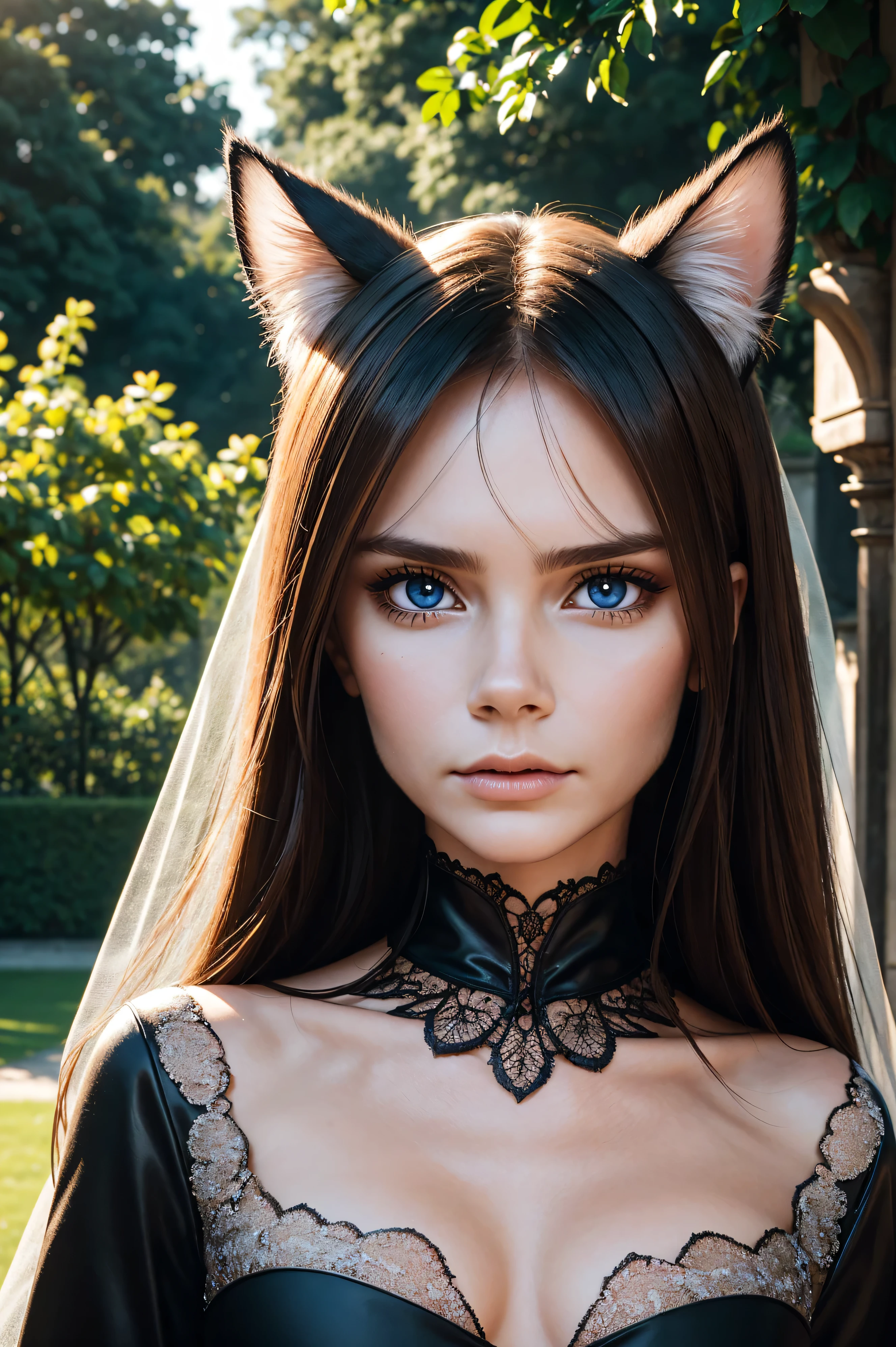 Victoria Beckham, wearing cat costume transparent. professionally retouched, soft lighting, realistic, smooth face, perfect eyes, sharp focus on eyes, 8 k, high definition, insanely detailed, intricate, elegant. against the background of the garden of Versailles.