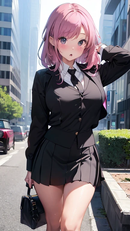 masterpiece、highest quality、Very detailed、Photograph the upper body、1 female、(Put your arms behind your back:1.2)、Are standing、Turn your body forward、View your viewers、(office lady,business suit、Black mini skirt:1.4)、break,blush、shy、Pink Hair、Open your mouth、office、Big Breasts、