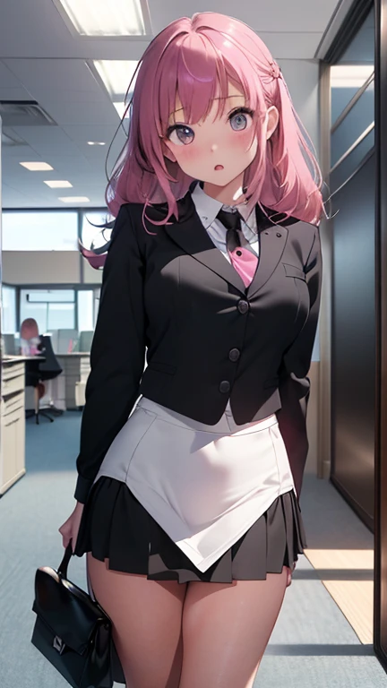 masterpiece、highest quality、Very detailed、Photograph the upper body、1 female、(Put your arms behind your back:1.2)、Are standing、Turn your body forward、View your viewers、(office lady,business suit、Black mini skirt:1.4)、break,blush、shy、Pink Hair、Open your mouth、office、Big Breasts、