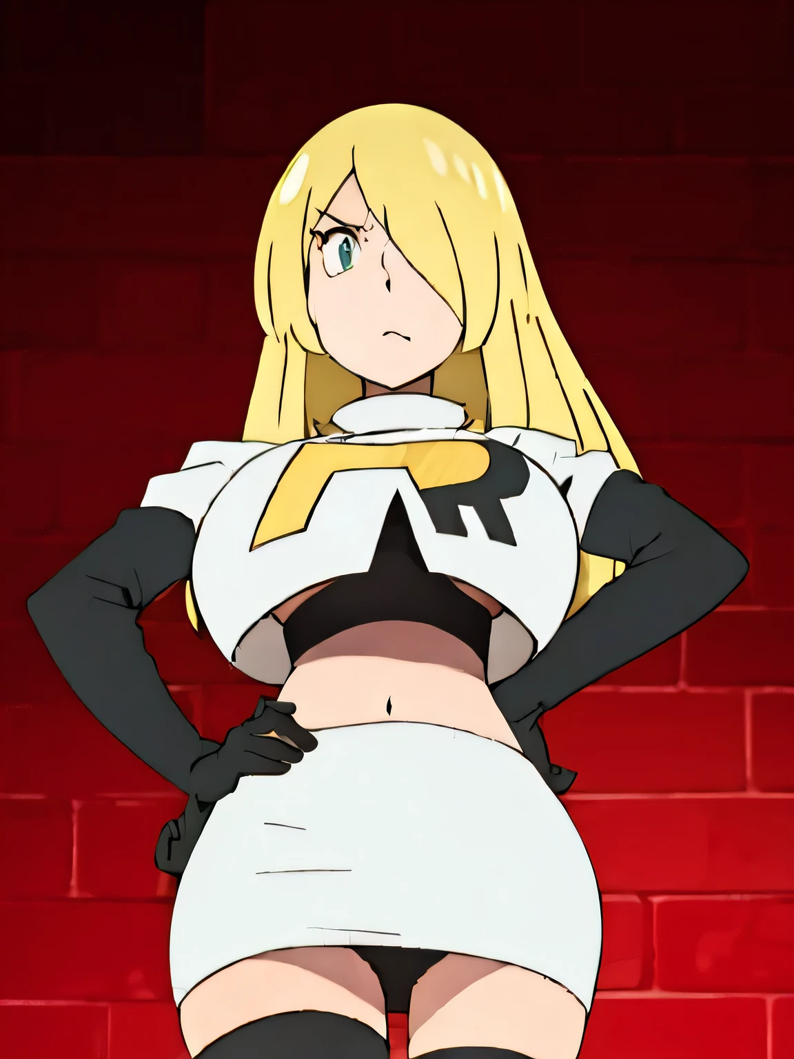 8k, masterpiece,highres,very large breast, team rocket uniform, red letter r, white skirt,white crop top,black thigh-high boots, black elbow gloves, glaring angrily, looking down at viewer, hands on hips, cowboy shot, zettai ryouiki,from below, black panties,anime style, vivid colors, sharp focus, intense lighting,pokemoncynthia, blonde hair, hair ornament, hair over one eye, long hair, (yellow eyes:1.5)