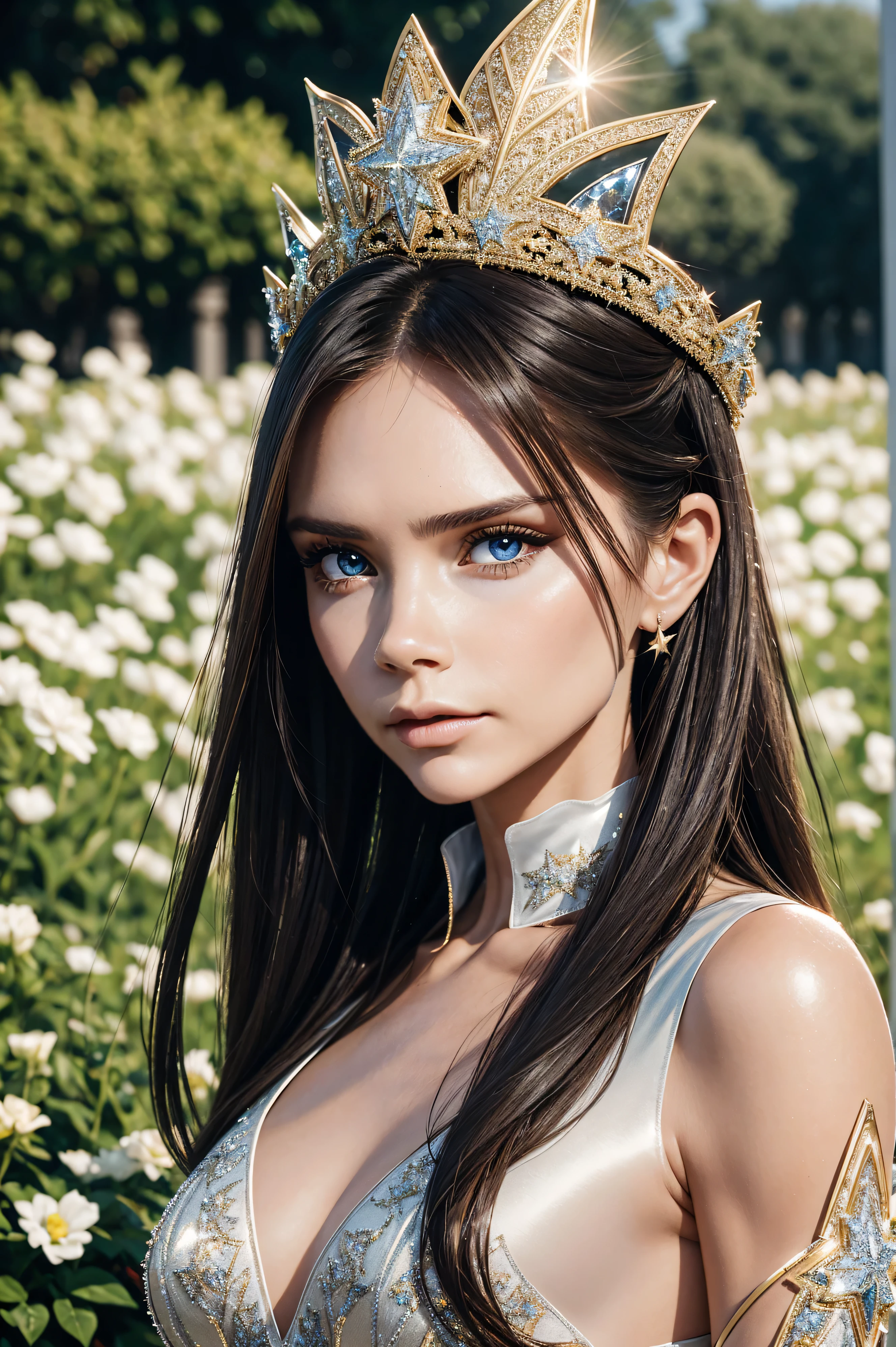Victoria Beckham, wearing star costume transparent. professionally retouched, soft lighting, realistic, smooth face, perfect eyes, sharp focus on eyes, 8 k, high definition, insanely detailed, intricate, elegant. against the background of the garden of Versailles.