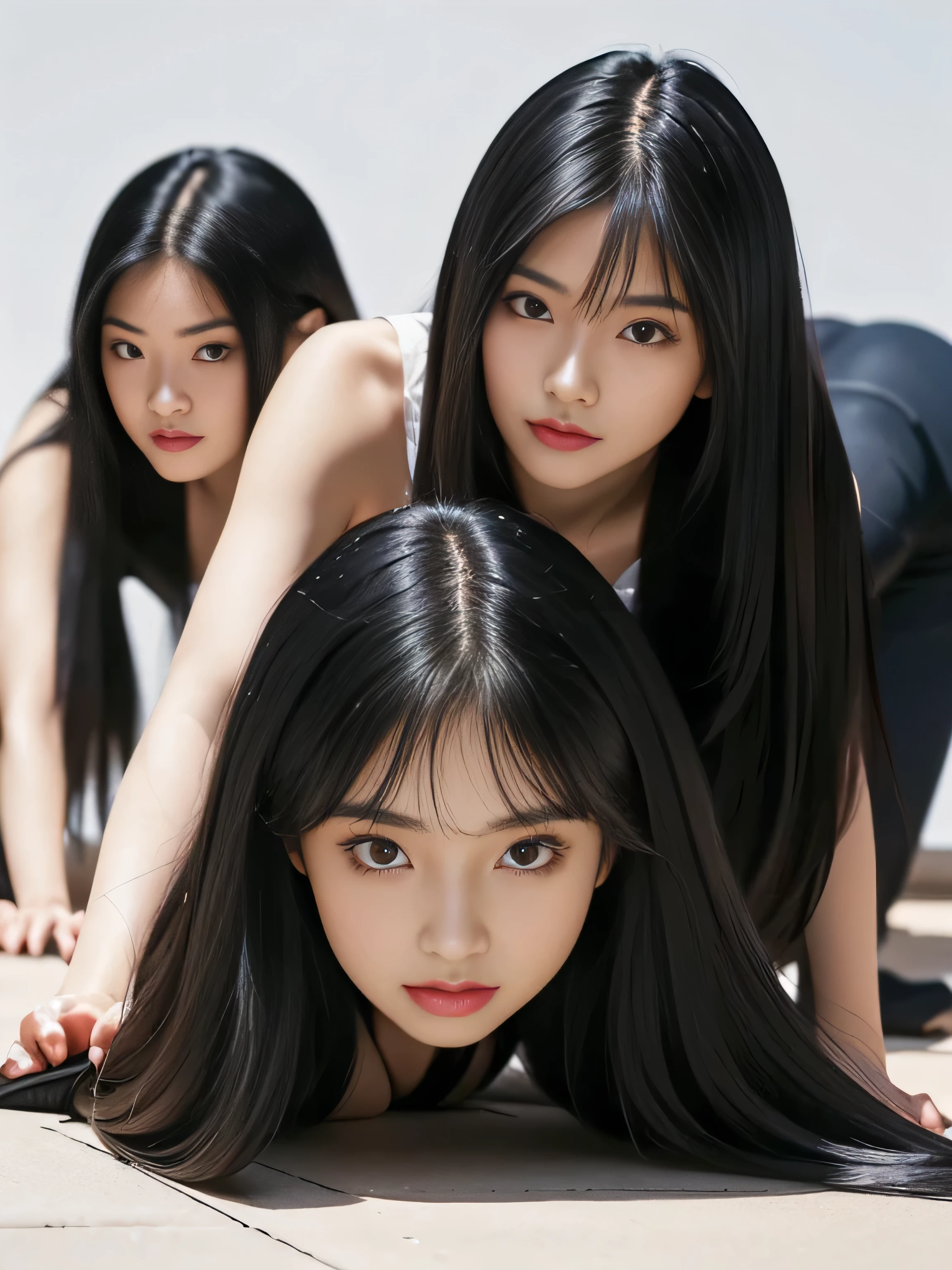 (Full body shot of two identical twins 1.3)　(The two of them look like identical clones, wearing the same clothes and posing the same way.)　((Random crawling on all fours to show as much hair as possible:1.8))　((Beautiful 24-year-old hair model with long black hair, girl with super length Hair, extremely length Hair, extra length Hair, very long, Flowing Hair, very length Hair, length Hair girl, very long, Flowing black hair, length Hair windy, Very long black hair, length, Flowing Hair,Incredibly long-lasting hair, length Hair!!!!　Her highest quality hair is long and straight., very long, highest quality black hair, length hair in the center, Highest quality long straight hair, length, straight, beautiful, High quality hair, length and free black highest quality straight hair, length Hair, length and straight, highest quality black hair, Perfect silky straight hair of the highest quality, straight, highest quality black hair, length black straight hair, length, Thin black hair　Her hair is long and straight, very long black hair, length hair in the center, length straight hair, length, straight, beautiful hair of the highest quality, length Hair, length, straight black hair, length and free straight black hair, straight black hair))　(Her bangs are perfect.:1.3)　(Pure white wall background:1.8. Upper body photo from the knees up)　(Japan&#39;s most sexy and beautiful 24-year-old beauty model)　(She looks at the viewer with a very seductive expression..)　((highest quality)), ((masterpiece)), (Familiar)　(Get used to it)　Perfect Face　　(Her skin is a typical Japanese skin color...、And very detailed)　　(Big Breasts:1.3)　(She is wearing a beautiful shiny white camisole.:1.I&#39;Wear 2)　(She has a beautiful face and a typical Japanese figure...., Narrow eyes)　(She has perfect beautiful makeup and face　Lipstick is light red　A solid eyeliner)　((Rich 1.4))　(Extremely detailed 8K)　(Ultra-fine skin texture 1.4)　(Actual, Vibrant:1.4), double eyelid　Sharp focus:1.2、Beautiful woman:1.4　Dynamic Lighting　(Genuine RAW photos taken by professional photographers)　　Professional hair shine.　(She has a bright and cheerful face)　　(((途方もなくlengthBlack hair 1.3)))　(length, Shiny black hair, その女性はlengthBlack hairをしている, lengthBlack hair, Waist-length hair, very lengthBlack hair, thick shining black hair, black silky hair, length and shiny hair, lengthBlack hair, length, Flat Hair　Ridiculously long hair, Black shiny hair, Very shiny, Abnormally long hair, 厚く輝く異常にlengthBlack hair,Jet black silky hair　Her hair is とてもlength and straight　length, Voluminous black hair that reaches down to her ankles　unusually long black hair, unusually long black hair, Very long black hair)　(Her face is slim and dignified.., length, Narrow eyes..々Nice face)　(They both wear the same white lingerie)