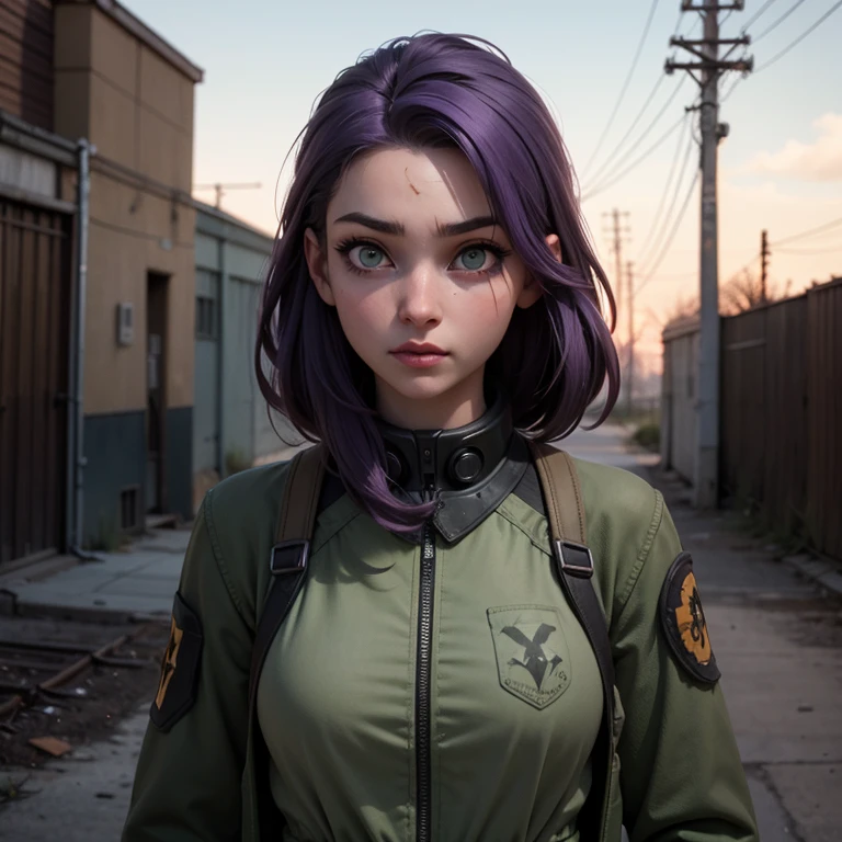 Girl wears open combenison, Chernobyl exclusion zone, S.T.A.L.K.E.R, purple hair, green eyes, scar above her left eyebrow, unarmed, scared.