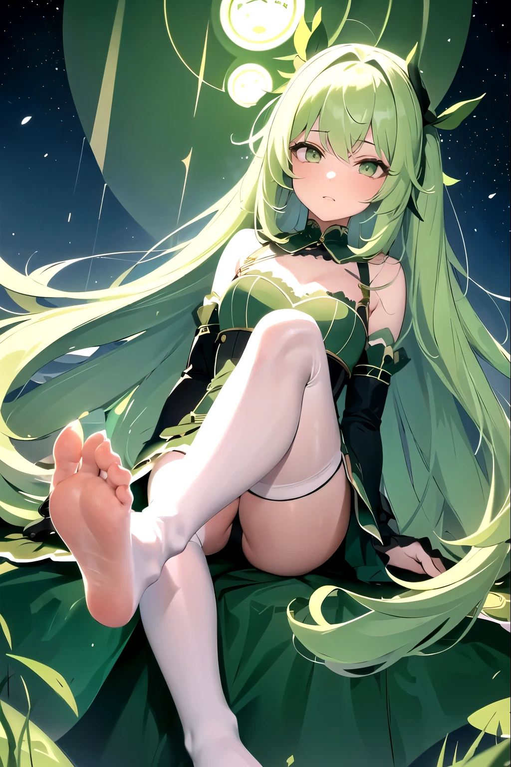 girl, in the green night landscape, white long hair, spreading her legs, beautiful, travel, night, black stockings, feet, foot fetish, foot job