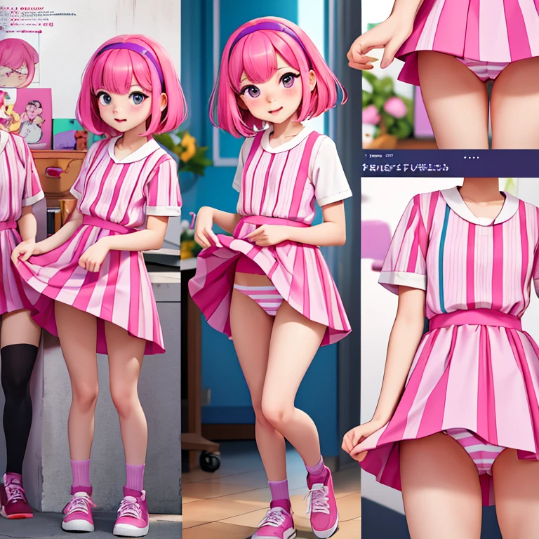 masterpiece, best quality, absurdres, best illustration, illustration, 1girl, looking at viewer, stephanie(lt), pink hair, purple hairband, pink clothes, pink dress, standing, contrapposto, upskirt focus view, pink striped panties, skirt lift,