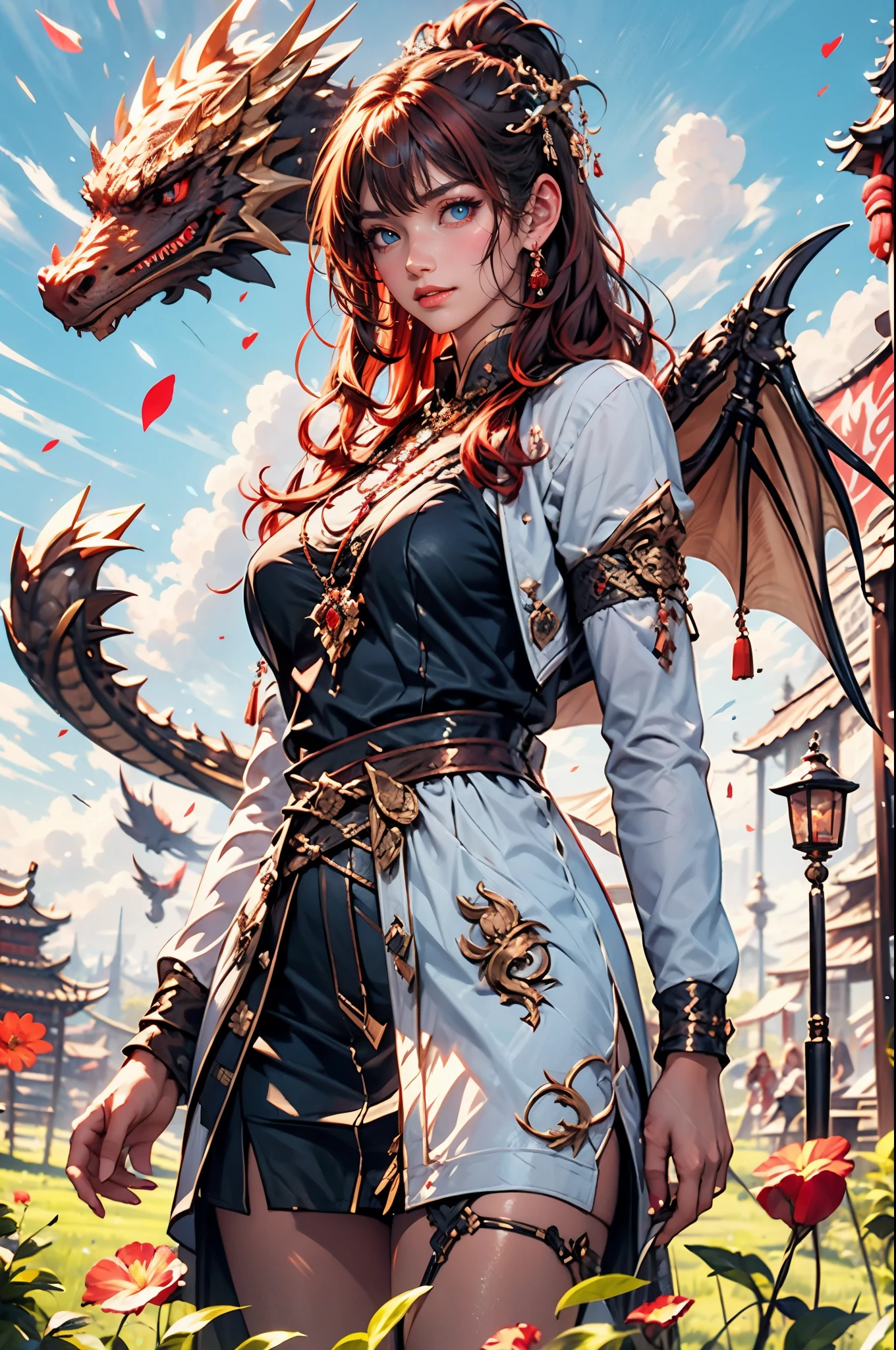 masterpiece, concept art, cowboy shot, centered, 1girl, kawaii dragon knight, dragon wings, red hair, violet eye, wavy long hair, grassland, cloud, sky, vibrant color, epic composition, epic proportion, HD, risbeauty chinese,