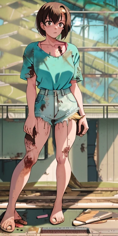 tendounabiki, huge_breasts, standing, alone, Aqua_shirt_Pink_undershirt_Short_shorts, masterpiece, best quality, detailed face, detailed eyes, ((rotten food)), ((abandoned park: 1.9)), on a wooden table, fine art, 8k, 1.3 quality background, high resolution