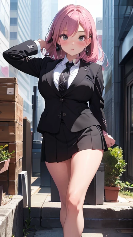 masterpiece、highest quality、Very detailed、Photograph the upper body、1 female、(Put your arms behind your back:1.2)、Are standing、Turn your body forward、View your viewers、(office lady,business suit、Black mini skirt:1.4)、break,blush、shy、Pink Hair、Open your mouth、office、Big Breasts、