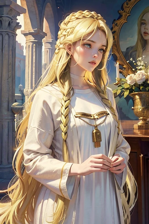 (​masterpiece、top-quality、top-quality、photorealistic、Beautifully Aesthetic:1.2)、(1girl in beautiful white priestess robes)、Extreme details、colourful、highest detail、photorealistic、Unity 8k Wallpaper、ultra-detailed art、Beautifully Aesthetic、1girl with Beautiful face in a Roman temple、​masterpiece、top-quality、Holy Light、Roman pillars、glittering shards of light, magical glow、semi-profile photo ((long blonde hair:1.7))、(Beautiful hairstyle:1.4)