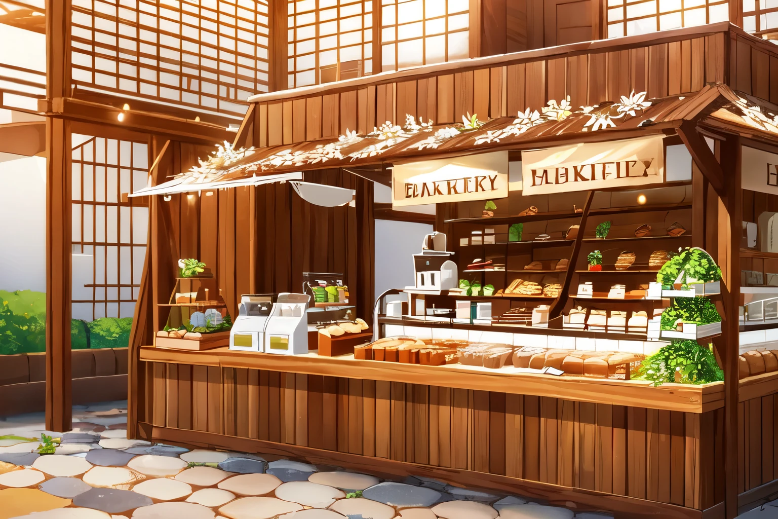 bakery, маленькая bakery, lodge, A lot of plants, many colors, leaves, buns, coffee, White background, isometric

