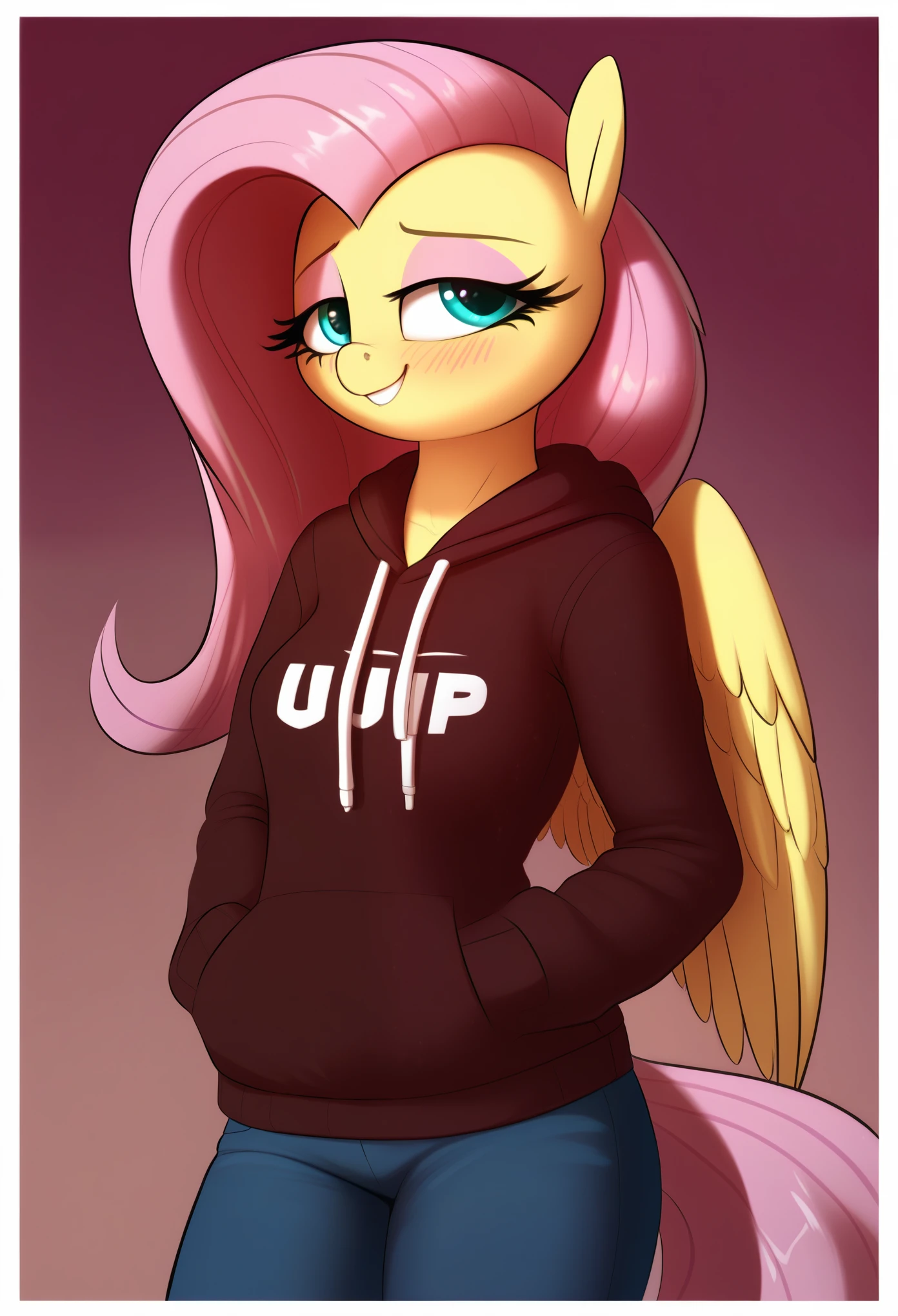 score_9, score_8_up, score_7_up BREAK fluttershy, pegasus, anthro, g4, blushing, border, fluttershy, clothes, denim, female, gradient background, hand in pocket, hoodie, jeans, lidded eyes, mare, pants, smiling, solo, nording