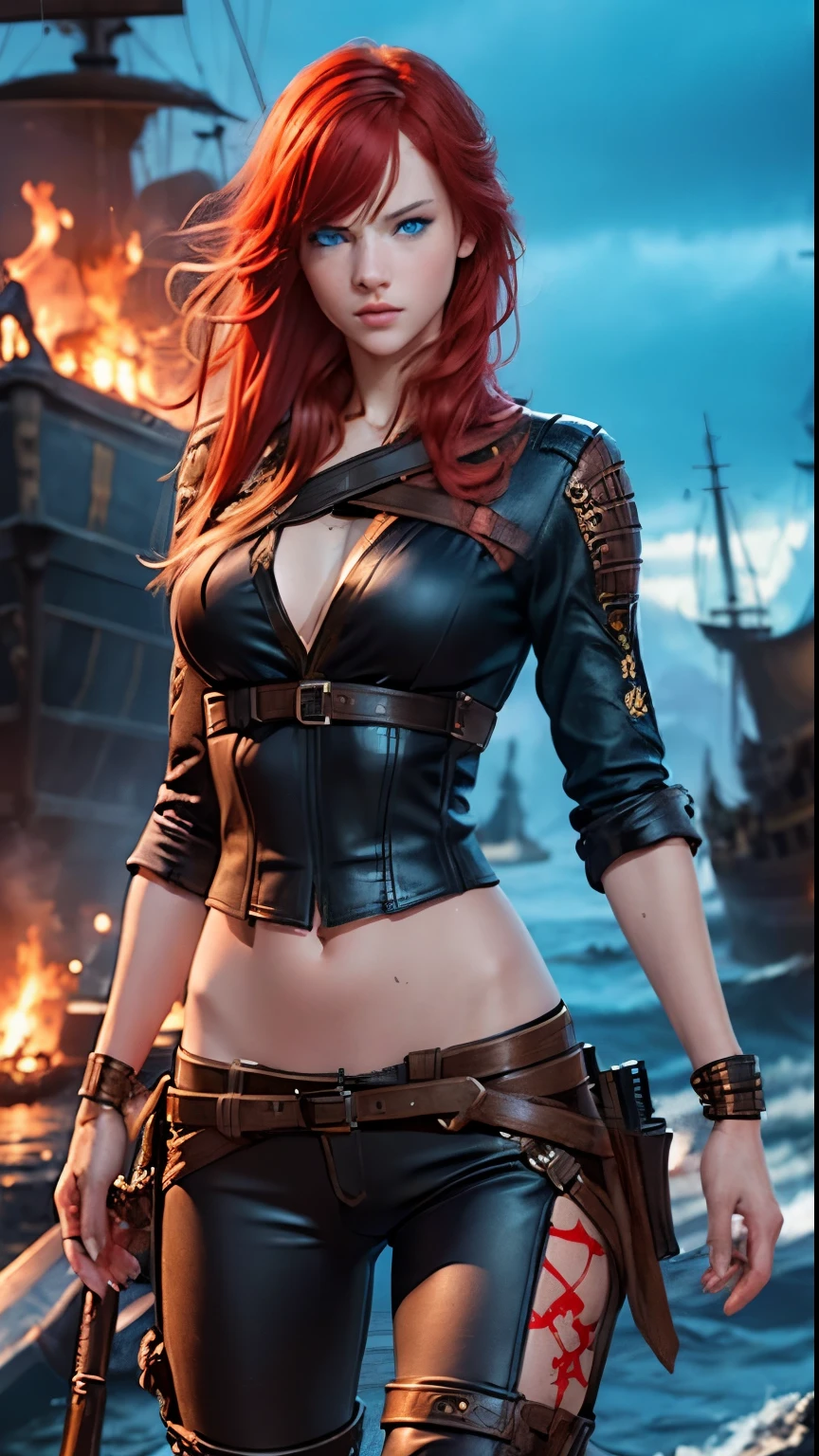 (good quality:1.2), (Ultradetailed:1.2), (ultradetailed face:1.2), (detailed blue eyes:1.2), (ultradetailed body:1.2), young girl with pistole, red hair, scars, pirate, black ship, night, battlefield, fire in the background