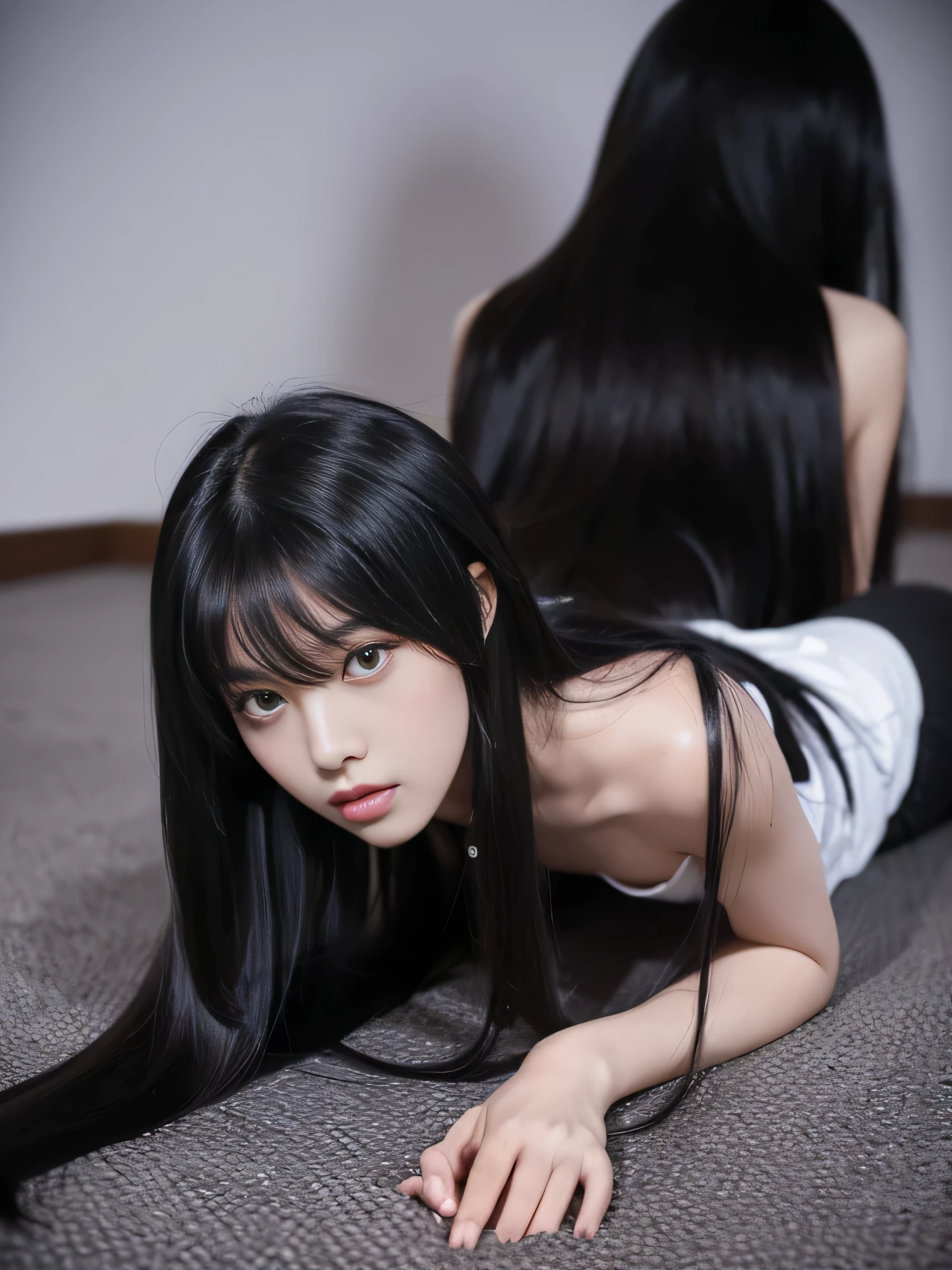 (Full body shot of two identical twins 1.3)　(The two of them look like identical clones, wearing the same clothes and posing the same way.)　((Random crawling on all fours to show as much hair as possible:1.8))　((Beautiful 24-year-old hair model with long black hair, girl with super length Hair, extremely length Hair, extra length Hair, very long, Flowing Hair, very length Hair, length Hair girl, very long, Flowing black hair, length Hair windy, Very long black hair, length, Flowing Hair,Incredibly long-lasting hair, length Hair!!!!　Her highest quality hair is long and straight., very long, highest quality black hair, length hair in the center, Highest quality long straight hair, length, straight, beautiful, High quality hair, length and free black highest quality straight hair, length Hair, length and straight, highest quality black hair, Perfect silky straight hair of the highest quality, straight, highest quality black hair, length black straight hair, length, Thin black hair　Her hair is long and straight, very long black hair, length hair in the center, length straight hair, length, straight, beautiful hair of the highest quality, length Hair, length, straight black hair, length and free straight black hair, straight black hair))　(Her bangs are perfect.:1.3)　(Pure white wall background:1.8. Upper body photo from the knees up)　(Japan&#39;s most sexy and beautiful 24-year-old beauty model)　(She looks at the viewer with a very seductive expression..)　((highest quality)), ((masterpiece)), (Familiar)　(Get used to it)　Perfect Face　　(Her skin is a typical Japanese skin color...、And very detailed)　　(Big Breasts:1.3)　(She is wearing a beautiful shiny white camisole.:1.I&#39;Wear 2)　(She has a beautiful face and a typical Japanese figure...., Narrow eyes)　(She has perfect beautiful makeup and face　Lipstick is light red　A solid eyeliner)　((Rich 1.4))　(Extremely detailed 8K)　(Ultra-fine skin texture 1.4)　(Actual, Vibrant:1.4), double eyelid　Sharp focus:1.2、Beautiful woman:1.4　Dynamic Lighting　(Genuine RAW photos taken by professional photographers)　　Professional hair shine.　(She has a bright and cheerful face)　　(((途方もなくlengthBlack hair 1.3)))　(length, Shiny black hair, その女性はlengthBlack hairをしている, lengthBlack hair, Waist-length hair, very lengthBlack hair, thick shining black hair, black silky hair, length and shiny hair, lengthBlack hair, length, Flat Hair　Ridiculously long hair, Black shiny hair, Very shiny, Abnormally long hair, 厚く輝く異常にlengthBlack hair,Jet black silky hair　Her hair is とてもlength and straight　length, Voluminous black hair that reaches down to her ankles　unusually long black hair, unusually long black hair, Very long black hair)　(Her face is slim and dignified.., length, Narrow eyes..々Nice face)　(They both wear the same white lingerie)