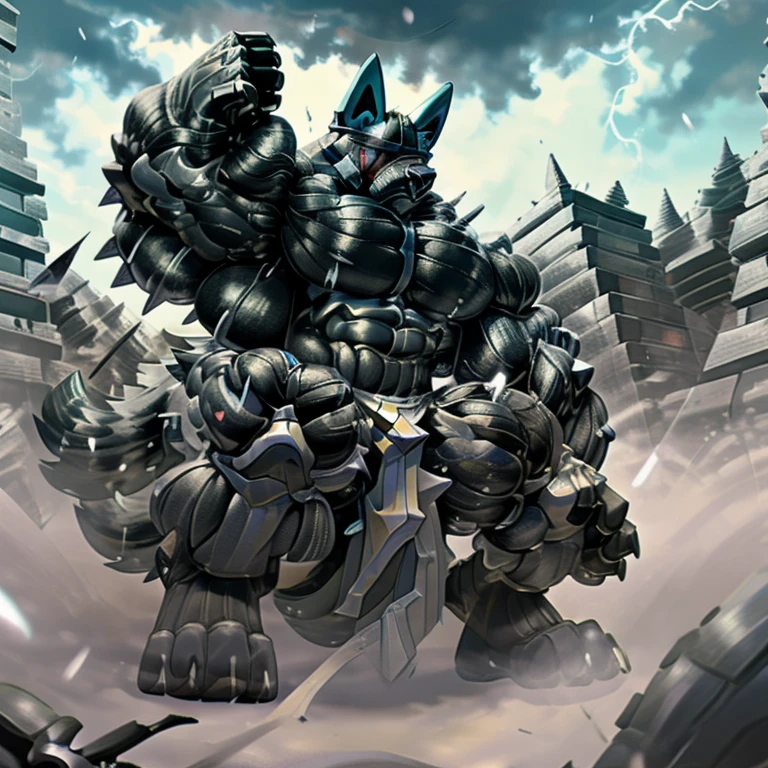 LUCARIO, (gigantic muscles), 8K, Masterpiece, highres, future fiction. Detailed head, Detailed Body, full body, Detailed abs, wearing crNanosuit, big muscle (pecs, triceps, traps) unusually developed muscular body, body full of huge muscles. showing off muscles, pectorales enormes. Exaggeratedly huge muscles. Gigachad Muscular, gigantic muscles, Colossal giant NANOSUIT over a battlefield, 
The claws are sharp,
Sharp teeth,
Spread wings, have big wings.
nj5furry, Animal paws, thunderstorm, rainy weather, lightning,