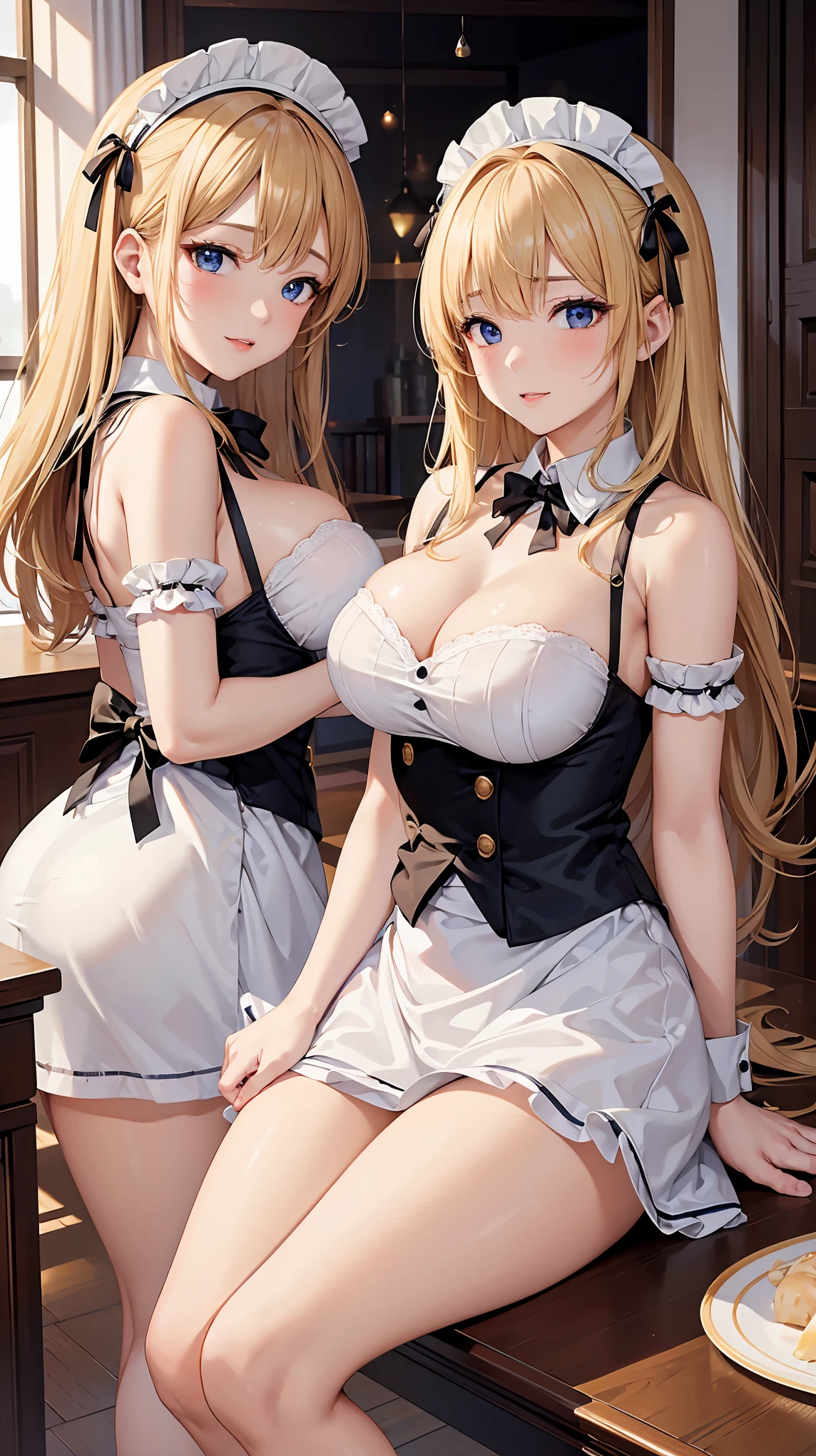 ((highest quality、High resolution))、Blonde、(Two beautiful maids show their pussies and invite you to sex)、Love juice