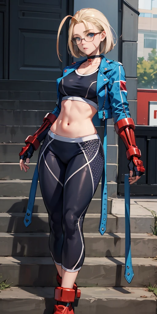 masterpiece, best quality, highres, 1girl, cammy white, short hair, antenna hair, blue eyes, scar on cheek, large breasts, black choker, collarbone, blue jacket, cropped jacket, open jacket, sports bra, midriff, fingerless gloves, black gloves, black pants, standing, cowboy shot, stair, outdoors, masterpiece, best quality, (((glasses))), ((rim-less eyewear)), tall, beautiful, medium breast, milf, (eyewear:0.9), armored dress:1.5