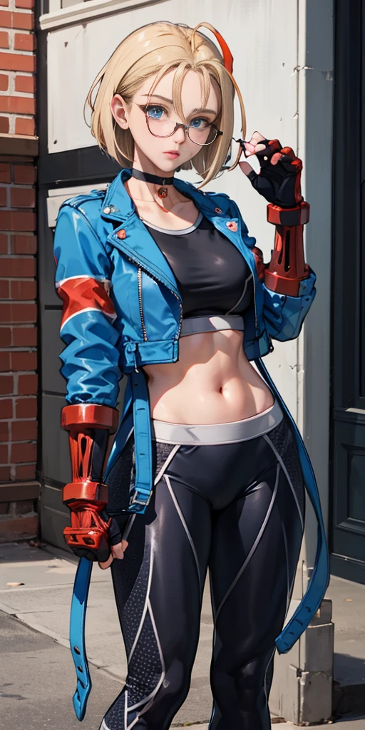 masterpiece, best quality, highres, 1girl, cammy white, short hair, antenna hair, blue eyes, scar on cheek, large breasts, black choker, collarbone, blue jacket, cropped jacket, open jacket, sports bra, midriff, fingerless gloves, black gloves, black pants, standing, cowboy shot, stair, outdoors, masterpiece, best quality, (((glasses))), ((rim-less eyewear)), tall, beautiful, medium breast, milf, (eyewear:0.9), armored dress:1.5
