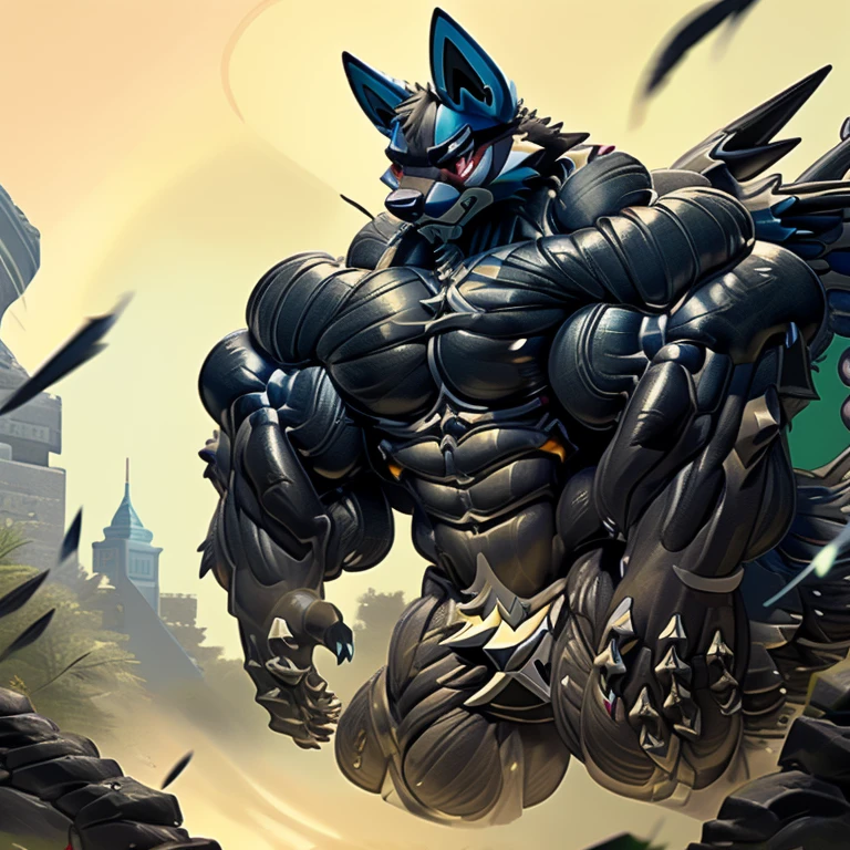 LUCARIO, (gigantic muscles), 8K, Masterpiece, highres, future fiction. Detailed head, Detailed Body, full body, Detailed abs, wearing crNanosuit, big muscle (pecs, triceps, traps) unusually developed muscular body, body full of huge muscles. showing off muscles, pectorales enormes. Exaggeratedly huge muscles. Gigachad Muscular, gigantic muscles, Colossal giant NANOSUIT over a battlefield,
The claws are sharp,
Sharp teeth,
Spread wings, have big wings.
nj5furry, Animal paws, thunderstorm, rainy weather, lightning,