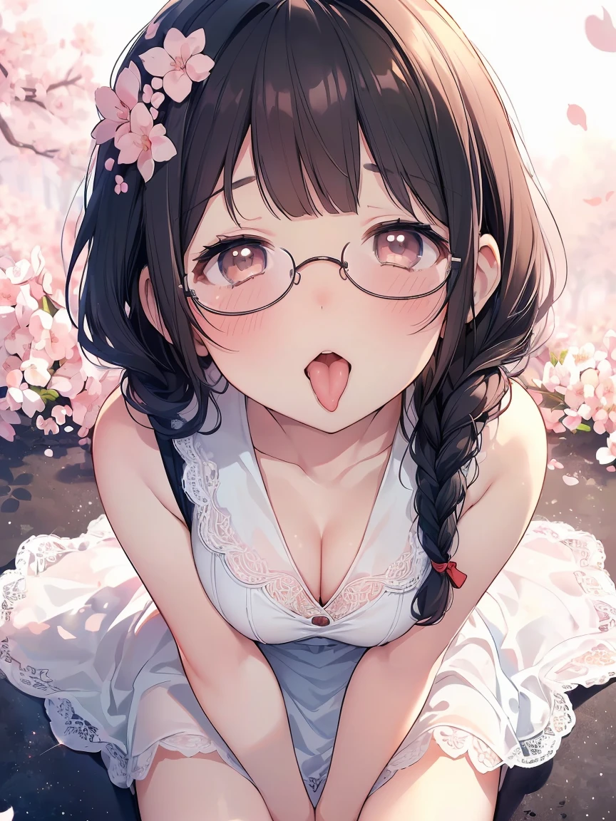 Very detailed, highest quality, High resolution, Moe Anime, ((A cute elementary school girl with black hair and droopy eyes)), ((Wearing large round glasses:1.4)), (Baby Face), Cute eyes, Detailed eye depiction, Sparkle in the eyes, View your viewers, Pale skin, (Big eyes:1.4, Droopy eyes:1.4, Fatty face:1.4), smile, Focus on the face, In the park with cherry blossoms falling, Sitting, (Extreme close up of tongue), (((From above))), Open your mouth, (((Face only:1.3))), ((white lace sleeveless dress)), Bright Eyes, Light from the front, (Put your hands between your legs:1.4), large and long tongue, Cleavage, Braided hairstyle