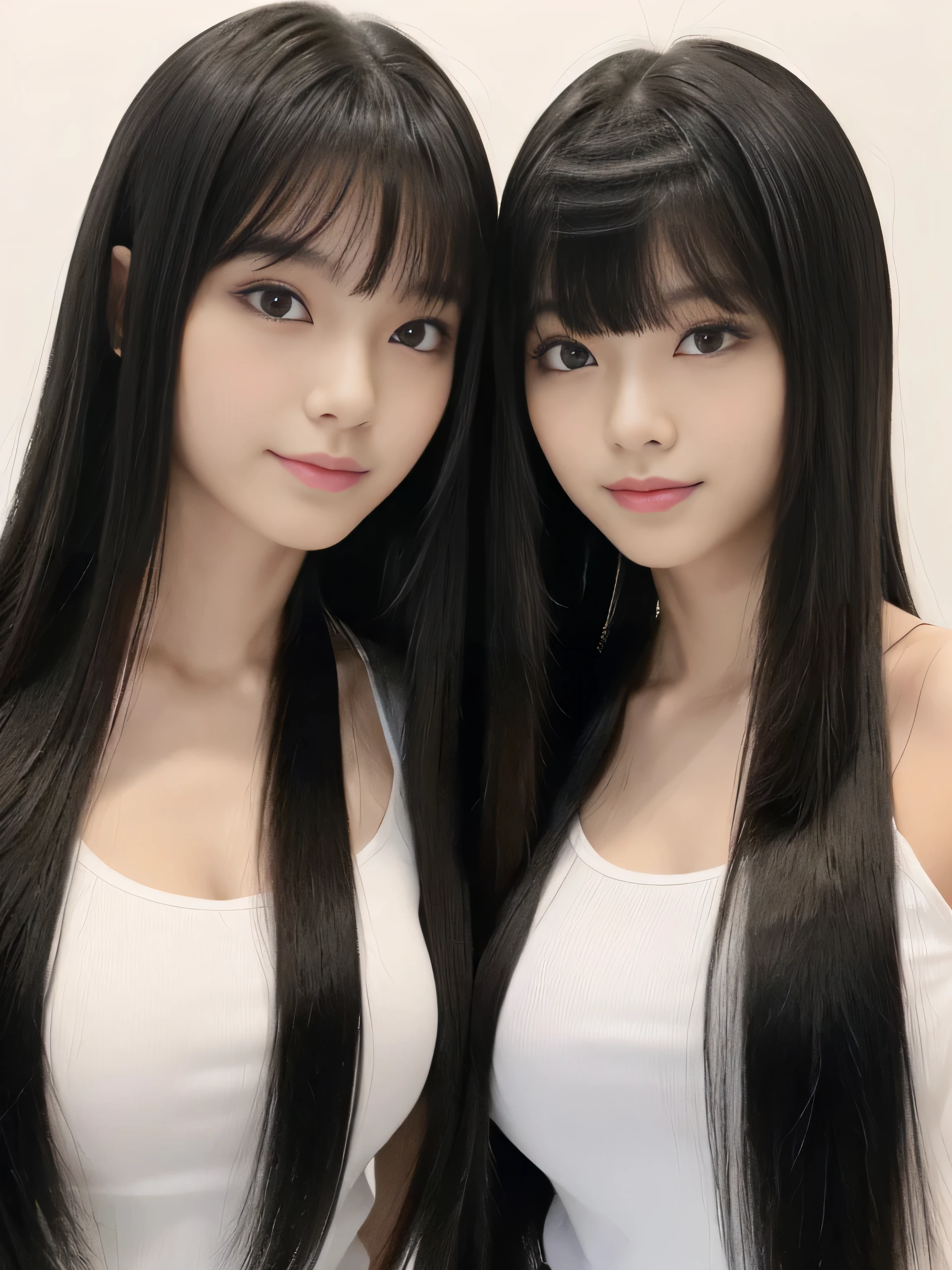 (A full-body shot of two identical twin hair models standing side by side in the same space..3) (The two of them look like identical clones, wearing the same clothes and posing the same way.) ((Two people showing as much hair as possible, doing the same random four-legged pose:1.6)) ((Beautiful 24-year-old hair model with long black hair, girl with super length Hair, extremely length Hair, extra length Hair, very long, Flowing Hair, very length Hair, length Hair girl, very long, Flowing black hair, length Hair windy, Very long black hair, length, Flowing Hair,私ncredibly long-lasting hair, length Hair!!!! Her highest quality hair is long and straight., very long, highest quality black hair, length hair in the center, Highest quality long straight hair, length, straight, beautiful, High quality hair, length and free black highest quality straight hair, length Hair, length and straight, highest quality black hair, Perfect silky straight hair of the highest quality, straight, highest quality black hair, length black straight hair, length, Thin black hair Her hair is long and straight, very long black hair, length hair in the center, length straight hair, length, straight, beautiful hair of the highest quality, length Hair, length, straight black hair, length and free straight black hair, straight black hair)) (Her bangs are perfect.:1.3) (Pure white wall background:1.8. Upper body photo from the knees up) (Japan's most sexy and beautiful 24-year-old beauty model) (She looks at the viewer with a very seductive expression..) ((highest quality)), ((masterpiece)), (Familiar) (Get used to it) Perfect Face (Her skin is a typical Japanese skin color...、And very detailed) (Big Breasts:1.3) (She has a beautiful face and a typical Japanese figure...., Narrow eyes) (She has perfect beautiful makeup and face Lipstick is light red A solid eyeliner) ((Rich 1.4)) (Extremely detailed 8K) (Ultra-fine skin texture 1.4) (Actual, Vibrant:1.4), double eyelid Sharp focus:1.2、Beautiful woman:1.4 Dynamic Lighting (Genuine RAW photos taken by professional photographers) Professional hair shine. (She has a bright and cheerful face) (((途方もなくlengthBlack hair 1.3))) (length, Shiny black hair, その女性はlengthBlack hairをしている, lengthBlack hair, Waist-length hair, very lengthBlack hair, thick shining black hair, black silky hair, length and shiny hair, lengthBlack hair, length, Flat Hair Ridiculously long hair, Black shiny hair, Very shiny, Abnormally long hair, 厚く輝く異常にlengthBlack hair,Jet black silky hair Her hair is とてもlength and straight length, Voluminous black hair that reaches down to her ankles unusually long black hair, unusually long black hair, Very long black hair) (Her face is slim and dignified.., length, Narrow eyes..々Nice face) (They both wear the same white lingerie:1.5)