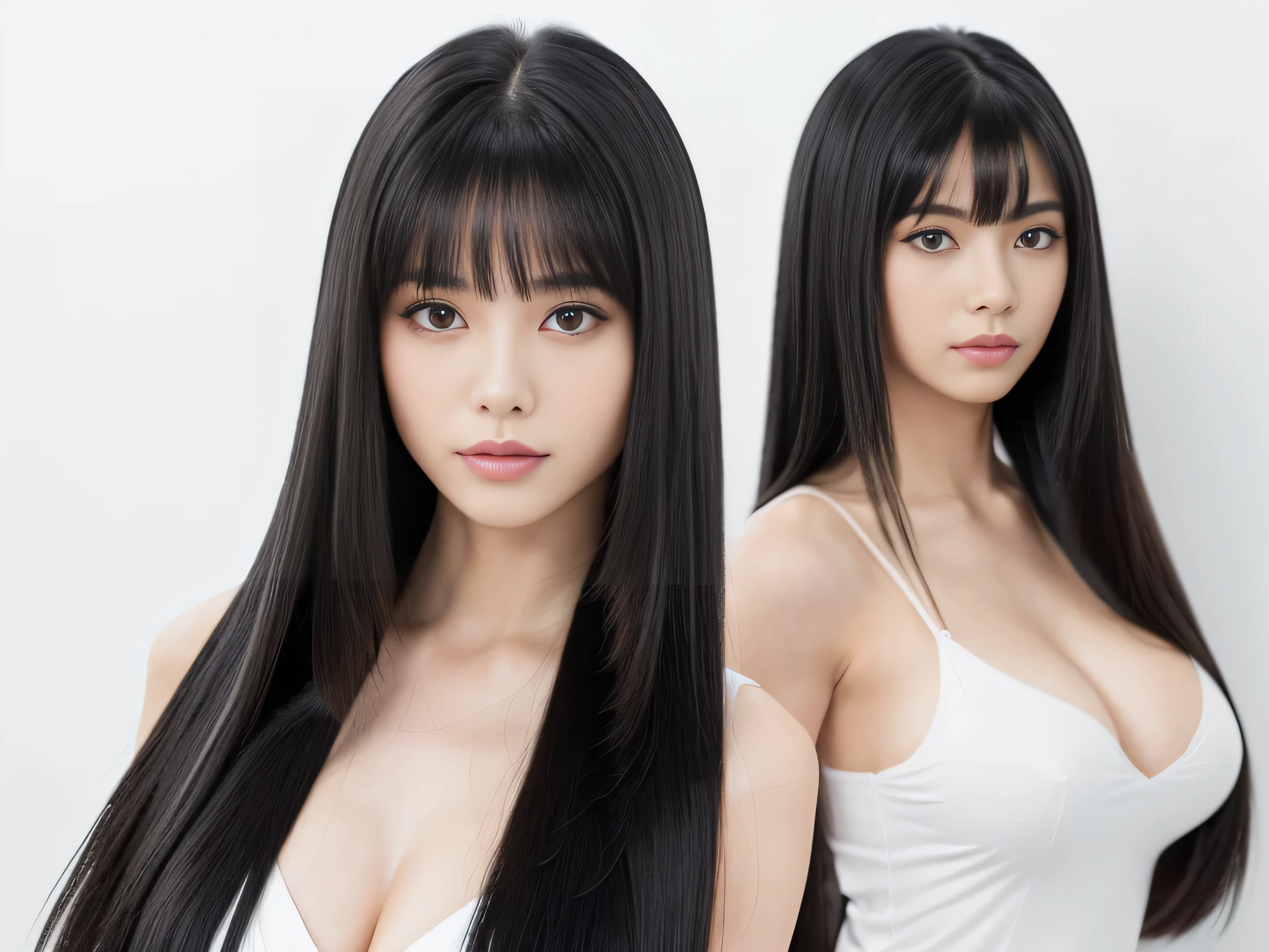 (Two identical twin hair models in the same space, doing the same four-legged pose:1.Full body shot of doing 6 1.3) (The two are identical clones, with identical clothes, poses, hairstyles, and appearances.:1.5) ((Two people showing as much hair as possible, doing the same random four-legged pose:1.6)) ((Beautiful 24-year-old hair model with long black hair, girl with super length Hair, extremely length Hair, extra length Hair, very long, Flowing Hair, very length Hair, length Hair girl, very long, Flowing black hair, length Hair windy, Very long black hair, length, Flowing Hair,私ncredibly long-lasting hair, length Hair!!!! Her highest quality hair is long and straight., very long, highest quality black hair, length hair in the center, Highest quality long straight hair, length, straight, beautiful, High quality hair, length and free black highest quality straight hair, length Hair, length and straight, highest quality black hair, Perfect silky straight hair of the highest quality, straight, highest quality black hair, length black straight hair, length, Thin black hair Her hair is long and straight, very long black hair, length hair in the center, length straight hair, length, straight, beautiful hair of the highest quality, length Hair, length, straight black hair, length and free straight black hair, straight black hair)) (Her bangs are perfect.:1.3) (Pure white wall background:1.8. Upper body photo from the knees up) (Japan's most sexy and beautiful 24-year-old beauty model) (She looks at the viewer with a very seductive expression..) ((highest quality)), ((masterpiece)), (Familiar) (Get used to it) Perfect Face (Her skin is a typical Japanese skin color...、And very detailed) (Big Breasts:1.3) (She has a beautiful face and a typical Japanese figure...., Narrow eyes) (She has perfect beautiful makeup and face Lipstick is light red A solid eyeliner) ((Rich 1.4)) (Extremely detailed 8K) (Ultra-fine skin texture 1.4) (Actual, Vibrant:1.4), double eyelid Sharp focus:1.2、Beautiful woman:1.4 Dynamic Lighting (Genuine RAW photos taken by professional photographers) Professional hair shine. (She has a bright and cheerful face) (((途方もなくlengthBlack hair 1.3))) (length, Shiny black hair, その女性はlengthBlack hairをしている, lengthBlack hair, Waist-length hair, very lengthBlack hair, thick shining black hair, black silky hair, length and shiny hair, lengthBlack hair, length, Flat Hair Ridiculously long hair, Black shiny hair, Very shiny, Abnormally long hair, 厚く輝く異常にlengthBlack hair,Jet black silky hair Her hair is とてもlength and straight length, Voluminous black hair that reaches down to her ankles unusually long black hair, unusually long black hair, Very long black hair) (Her face is slim and dignified.., length, Narrow eyes..々Nice face) (They both wear the same white lingerie:1.5)