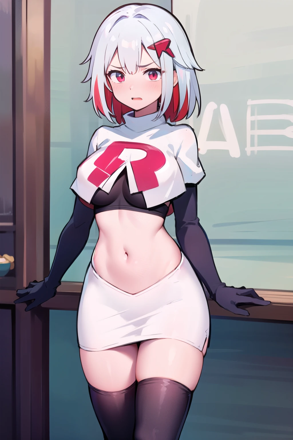 masterpiece, best quality, topaz, 1girl, multicolored hair, hair, hair ornament, embarrassed, team rocket,team rocket uniform,white skirt,red letter R,crop top,black thigh-highs,black elbow gloves, breasts,