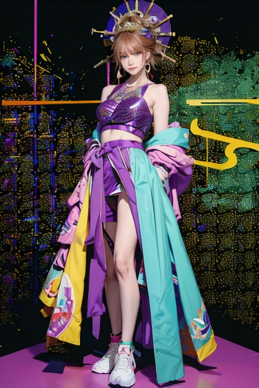 highest quality, Very detailed, masterpiece, 1 person,woman,(((完璧なwomanの体))),Very beautiful face, Very beautiful body,Gentle expression, Very beautiful eyes,(Perfect Makeup:1.1),Fashion Model,Fractal Graphic Art,Cyberpunk Fashion,Long Hair,Shaggy Hair,Fluorescent blue and orange hair:1.3, Very thin body,Smart Abs, Green and purple cyberpunk outfit, Fluorescent pink and blue long skirt,necklace,anklet,Two-tone high-top sneakers,A kind smile,Full body portrait,(Street background:1.3), (Shiny skin),(Earrings),Geometric pattern,Gradation,neon,
