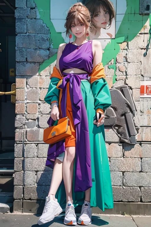 highest quality, Very detailed, masterpiece, 1 person,woman,(((完璧なwomanの体))),Very beautiful face, Very beautiful body,Gentle expression, Very beautiful eyes,(Perfect Makeup:1.1),Fashion Model,Fractal Graphic Art,Cyberpunk Fashion,Long Hair,Shaggy Hair,Fluorescent blue and orange hair:1.3, Very thin body,Smart Abs, Green and purple cyberpunk outfit, Fluorescent pink and blue long skirt,necklace,anklet,Two-tone high-top sneakers,A kind smile,Full body portrait,(Street background:1.3), (Shiny skin),(Earrings),Geometric pattern,Gradation,neon,