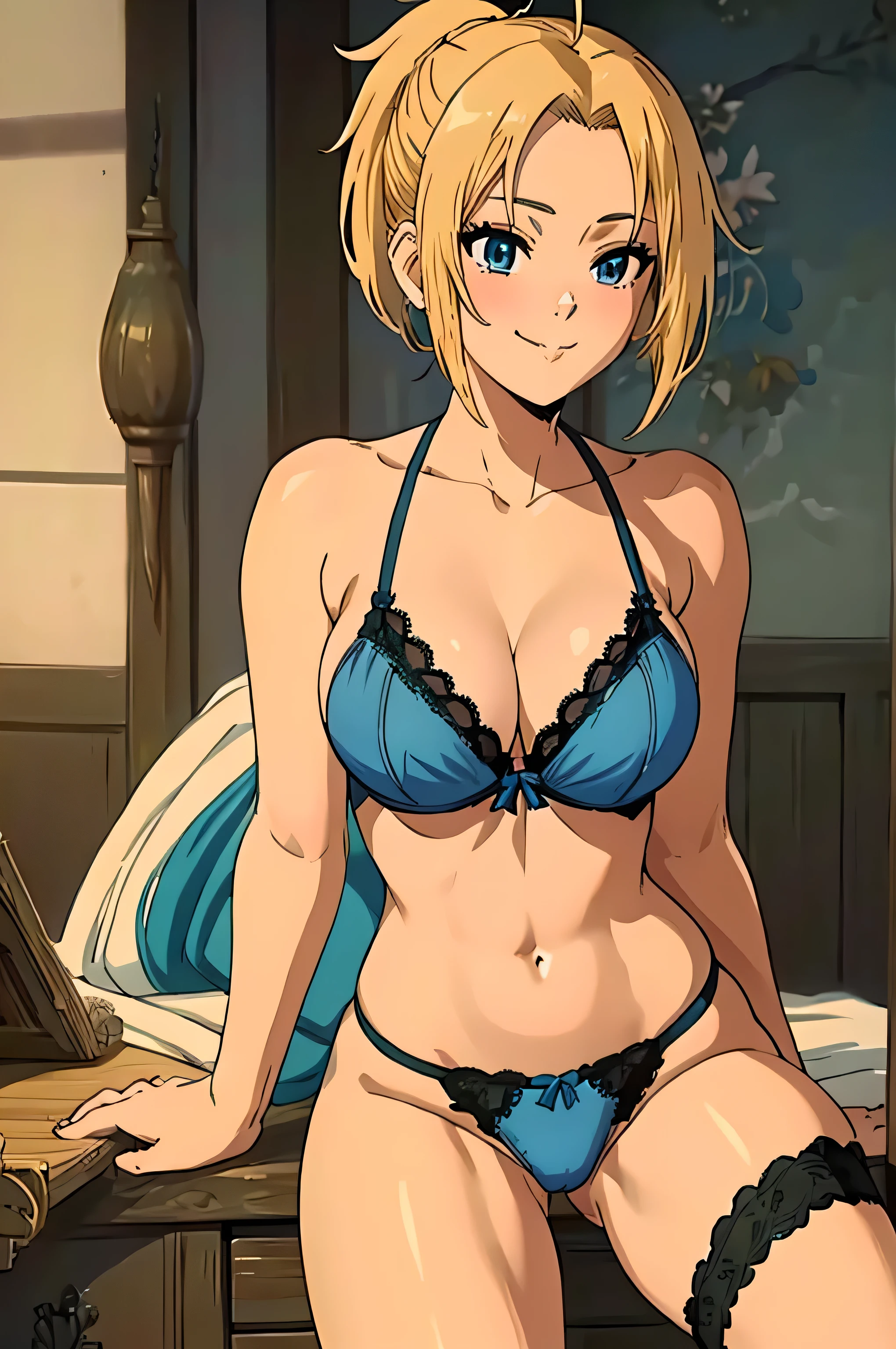 (Anime Style, Retro art style, Clean brush strokes, Very detailed, Perfect Anatomy, Browsing Caution), 1 girl, alone,((zenith)), Blonde, Blue Order, short hair, ponytail, Parted bangs, hair ornaments, smile, Cowboy Shot,(Huge breasts:1.5,(Lace bra:1.5, blue, beautiful)), Thin abdominal muscles: 1.1, (Lace panties:1.5, blue, beautiful), (Spread your legs, Lie),Looking at the audience,Bedroom Background, 