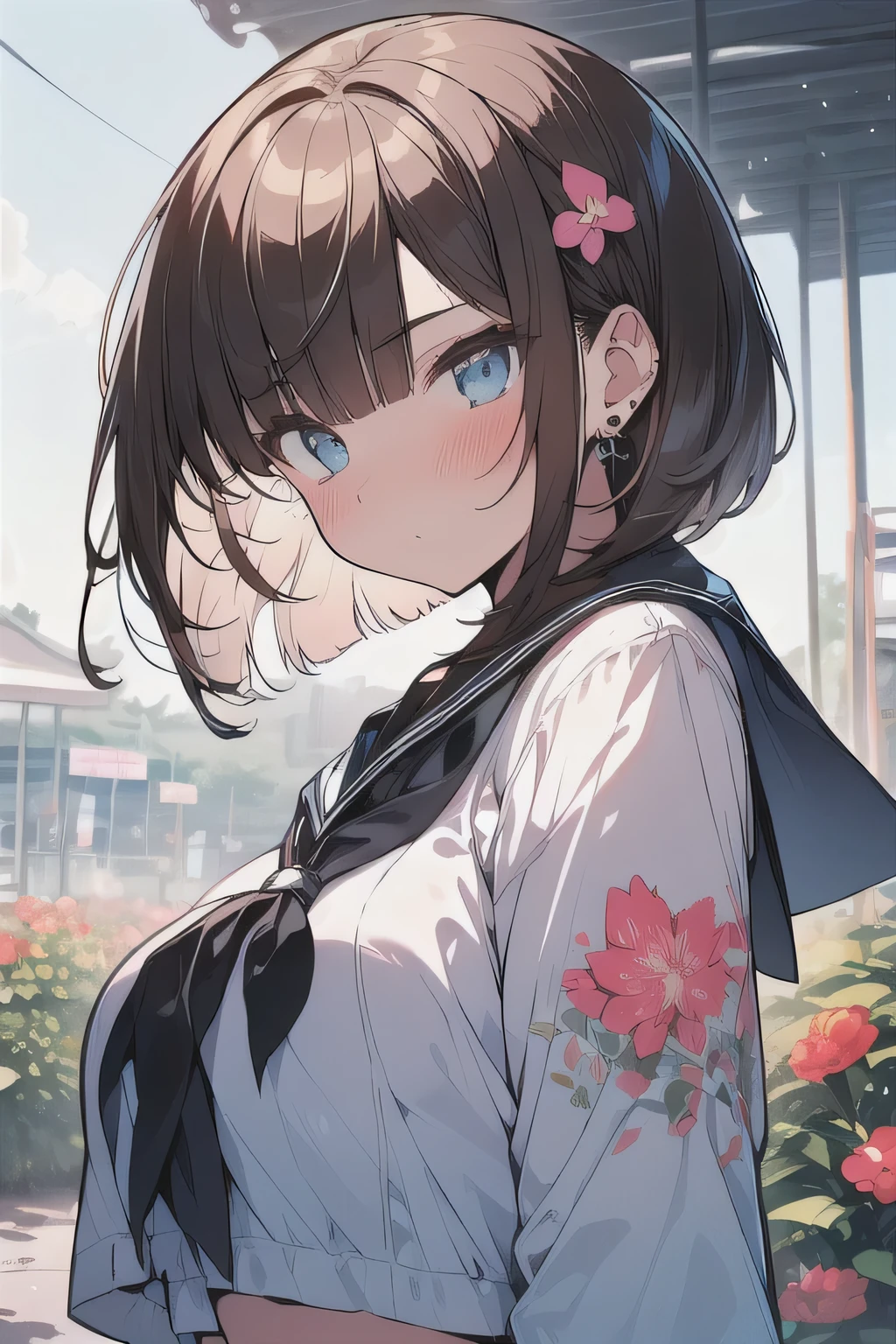 (best quality), (Super detailed), (Best Illustration), (masterpiece), (woman), {(white serafuku:1.2)}, (large breasts:1.2), {brown hair, (sideburns), (bob cut:1.3), curly hair, hairs between eyes, colored inner hair}, {(detailed eyes), blue eyes}, blush, earring, wind, (flower garden), station