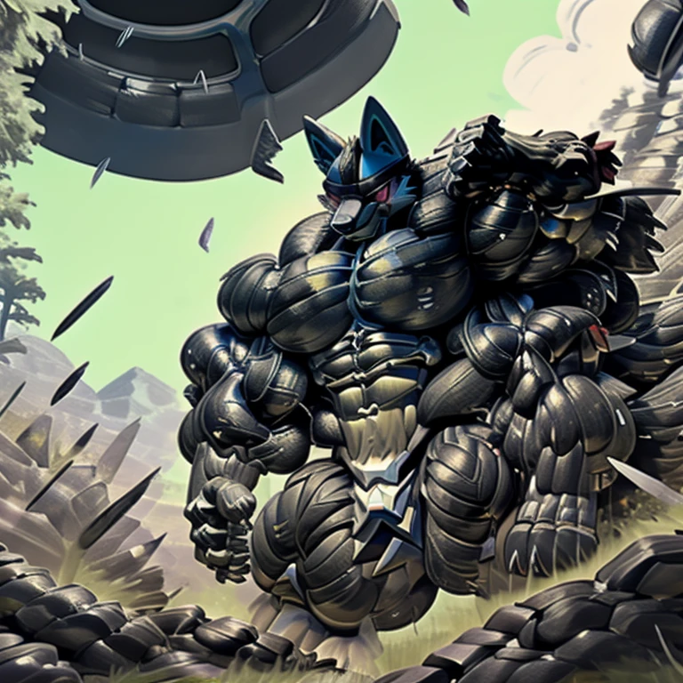 LUCARIO, (gigantic muscles), 8K, Masterpiece, highres, future fiction. Detailed head, Detailed Body, full body, Detailed abs, wearing crNanosuit, big muscle (pecs, triceps, traps) unusually developed muscular body, body full of huge muscles. showing off muscles, pectorales enormes. Exaggeratedly huge muscles. Gigachad Muscular, gigantic muscles, Colossal giant NANOSUIT over a battlefield,
The claws are sharp,
Sharp teeth,
Spread wings, have big wings.
nj5furry, Animal paws, thunderstorm, rainy weather, lightning,