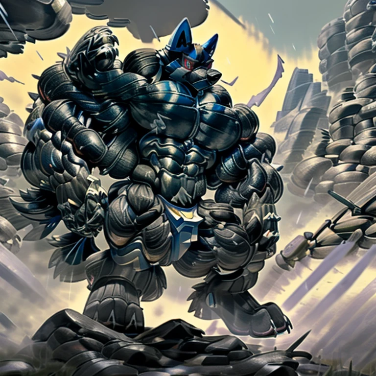 LUCARIO, (gigantic muscles), 8K, Masterpiece, highres, future fiction. Detailed head, Detailed Body, full body, Detailed abs, wearing crNanosuit, big muscle (pecs, triceps, traps) unusually developed muscular body, body full of huge muscles. showing off muscles, pectorales enormes. Exaggeratedly huge muscles. Gigachad Muscular, gigantic muscles, Colossal giant NANOSUIT over a battlefield,
The claws are sharp,
Sharp teeth,
Spread wings, have big wings.
nj5furry, Animal paws, thunderstorm, rainy weather, lightning,