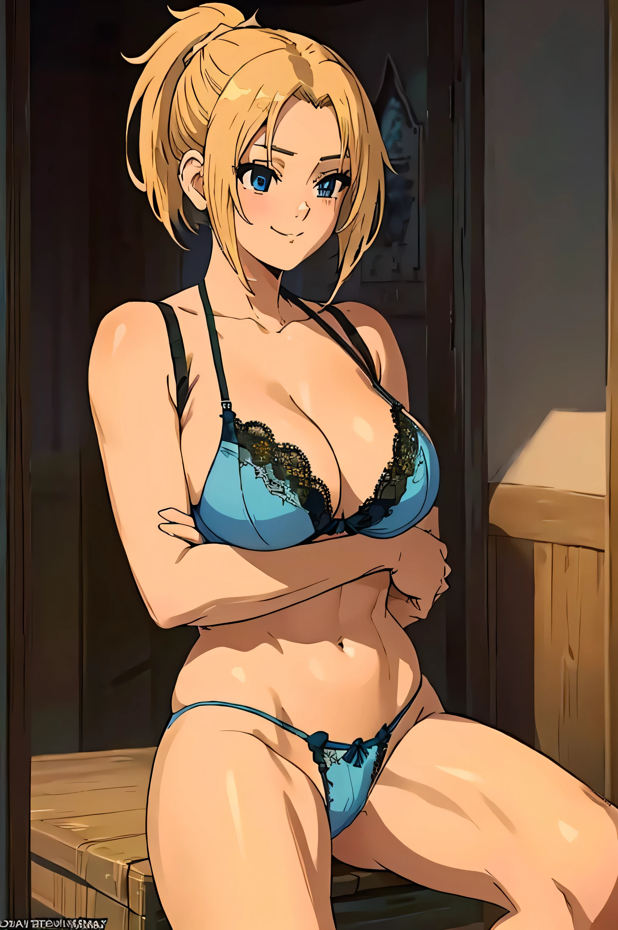 (Anime Style, Retro art style, Clean brush strokes, Very detailed, Perfect Anatomy, Browsing Caution), 1 girl, alone,((zenith)), Blonde, Blue Order, short hair, ponytail, Parted bangs, hair ornaments, smile, Cowboy Shot,(Huge breasts:1.5,(Lace bra:1.5, blue, beautiful)), Thin abdominal muscles: 1.1, (Lace panties:1.5, blue, beautiful), (Spread your legs, Lie),Looking at the audience,Bedroom Background, 