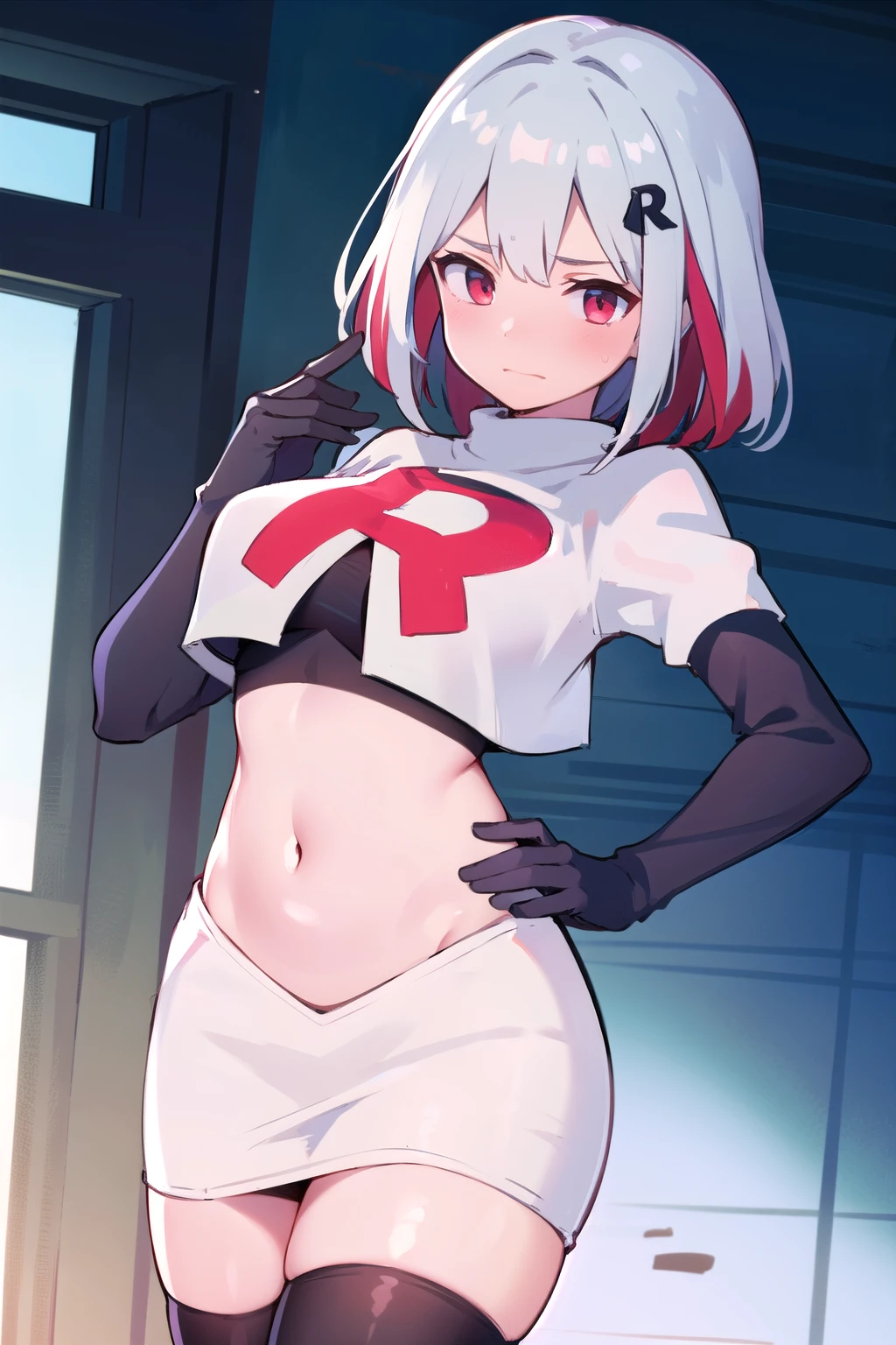 masterpiece, best quality, topaz, 1girl, silver hair,multicolored hair, hair, hair ornament, embarrassed, team rocket,team rocket uniform,white skirt,red letter R,crop top,black thigh-highs,black elbow gloves, breasts, 