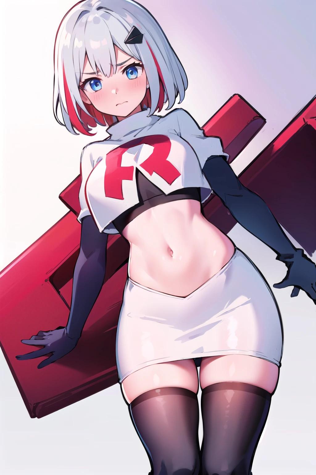 masterpiece, best quality, topaz, 1girl, silver hair,multicolored hair, hair, hair ornament, embarrassed, team rocket,team rocket uniform,white skirt,red letter R,crop top,black thigh-highs,black elbow gloves, breasts, 