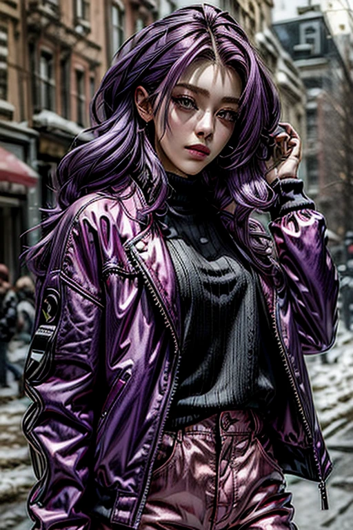 (masterpiece, best quality, ultra-detailed:1.2), 1girl, purple hair, pink jacket,black pants,background shiny day