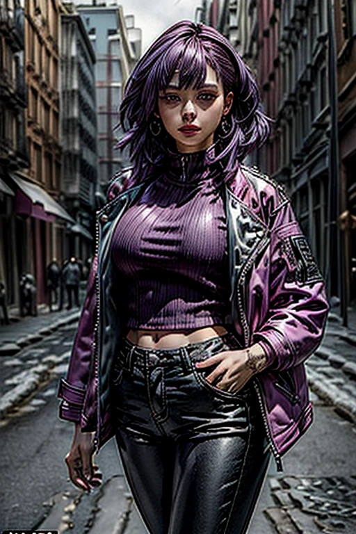 (masterpiece, best quality, ultra-detailed:1.2), 1girl, purple hair, pink jacket,black pants,background shiny day