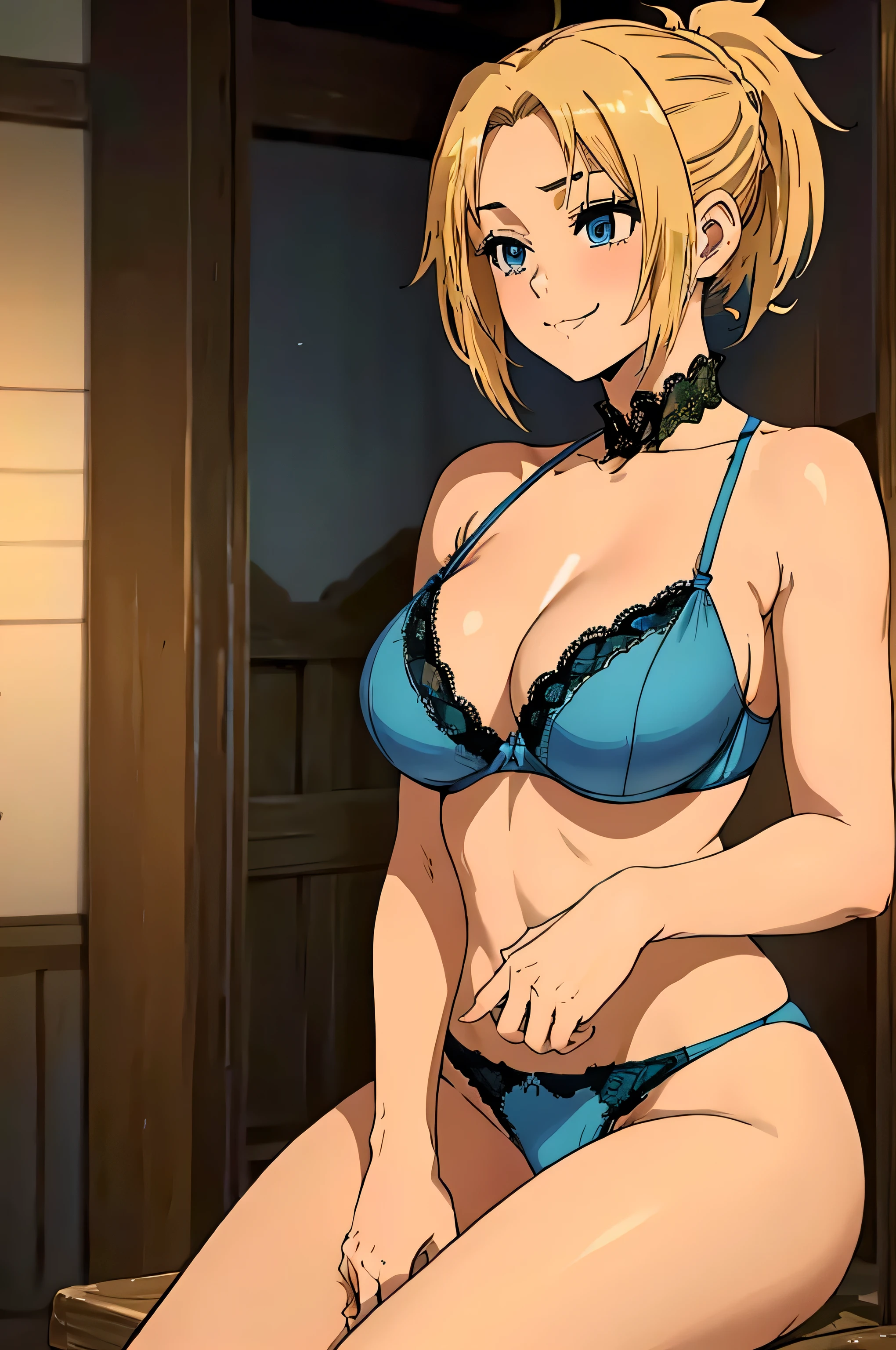 (Anime Style, Retro art style, Clean brush strokes, Very detailed, Perfect Anatomy, Browsing Caution), 1 girl, alone,((zenith)), Blonde, Blue Order, short hair, ponytail, Parted bangs, hair ornaments, smile, Cowboy Shot,(Huge breasts:1.5,(Lace bra:1.5, blue, beautiful)), Thin abdominal muscles: 1.1, (Lace panties:1.5, blue, beautiful), (Spread your legs, sit),Looking at the audience,Bedroom Background, 