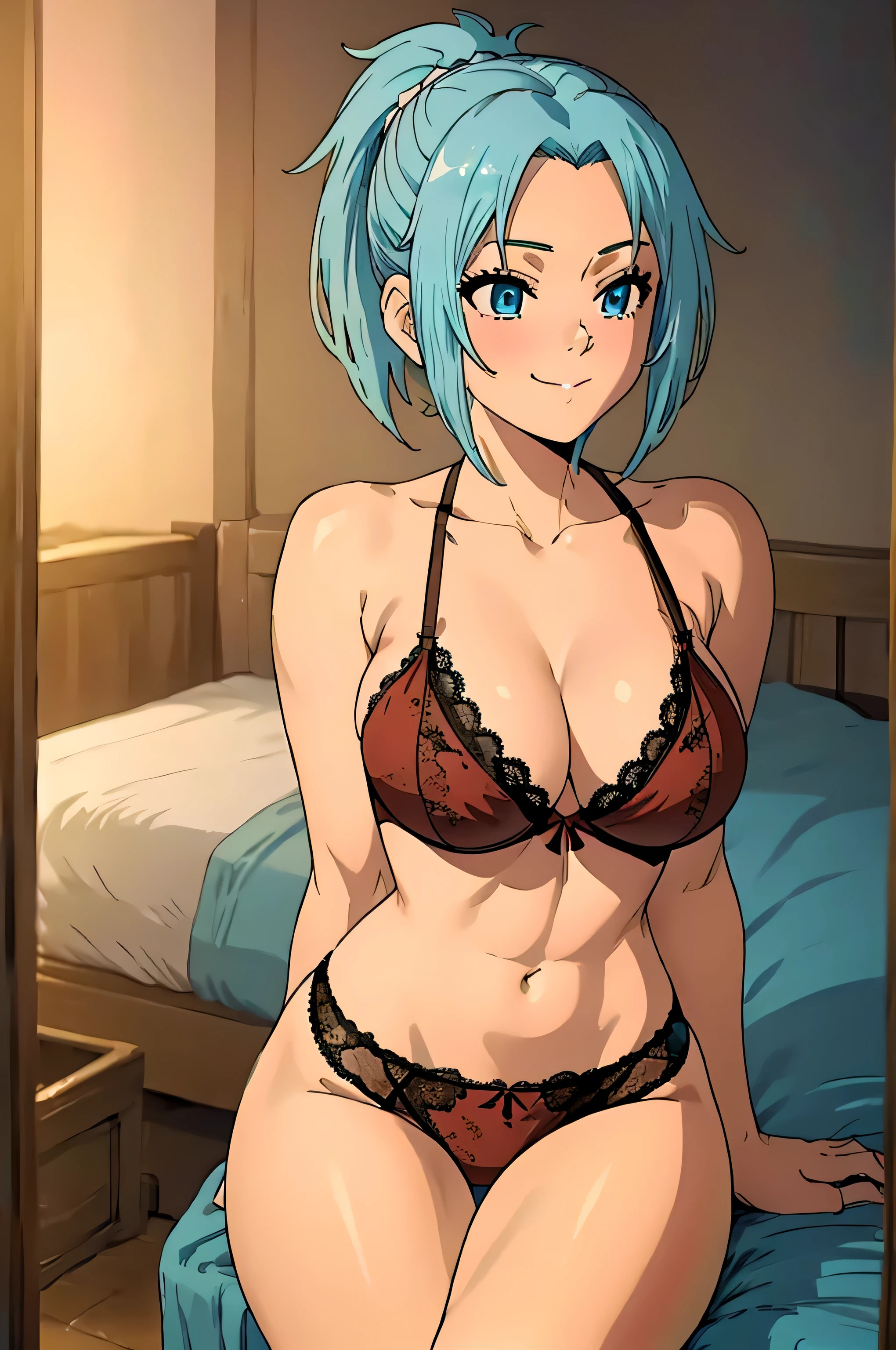 (Anime Style, Retro art style, Clean brush strokes, Very detailed, Perfect Anatomy, Browsing Caution), 1 girl, alone,((zenith)), Blonde, Blue Order, short hair, ponytail, Parted bangs, hair ornaments, smile, Cowboy Shot,(Huge breasts:1.5,(Lace bra:1.5, blue, beautiful)), Thin abdominal muscles: 1.1, (Lace panties:1.5, blue, beautiful), (Spread your legs, sit),Looking at the audience,Bedroom Background, 