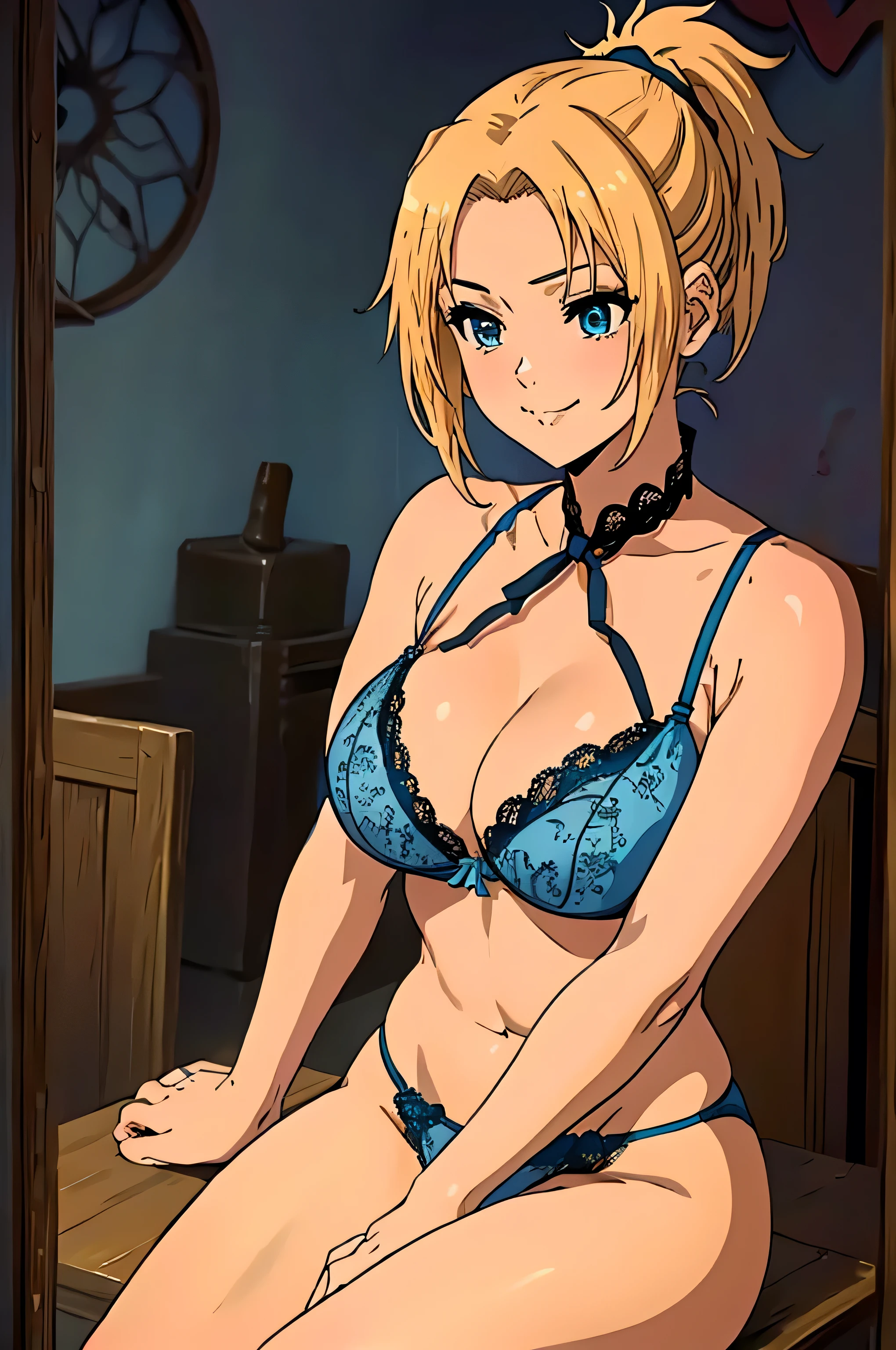 (Anime Style, Retro art style, Clean brush strokes, Very detailed, Perfect Anatomy, Browsing Caution), 1 girl, alone,((zenith)), Blonde, Blue Order, short hair, ponytail, Parted bangs, hair ornaments, smile, Cowboy Shot,(Huge breasts:1.5,(Lace bra:1.5, blue, beautiful)), Thin abdominal muscles: 1.1, (Lace panties:1.5, blue, beautiful), (Spread your legs, sit),Looking at the audience,Bedroom Background, 