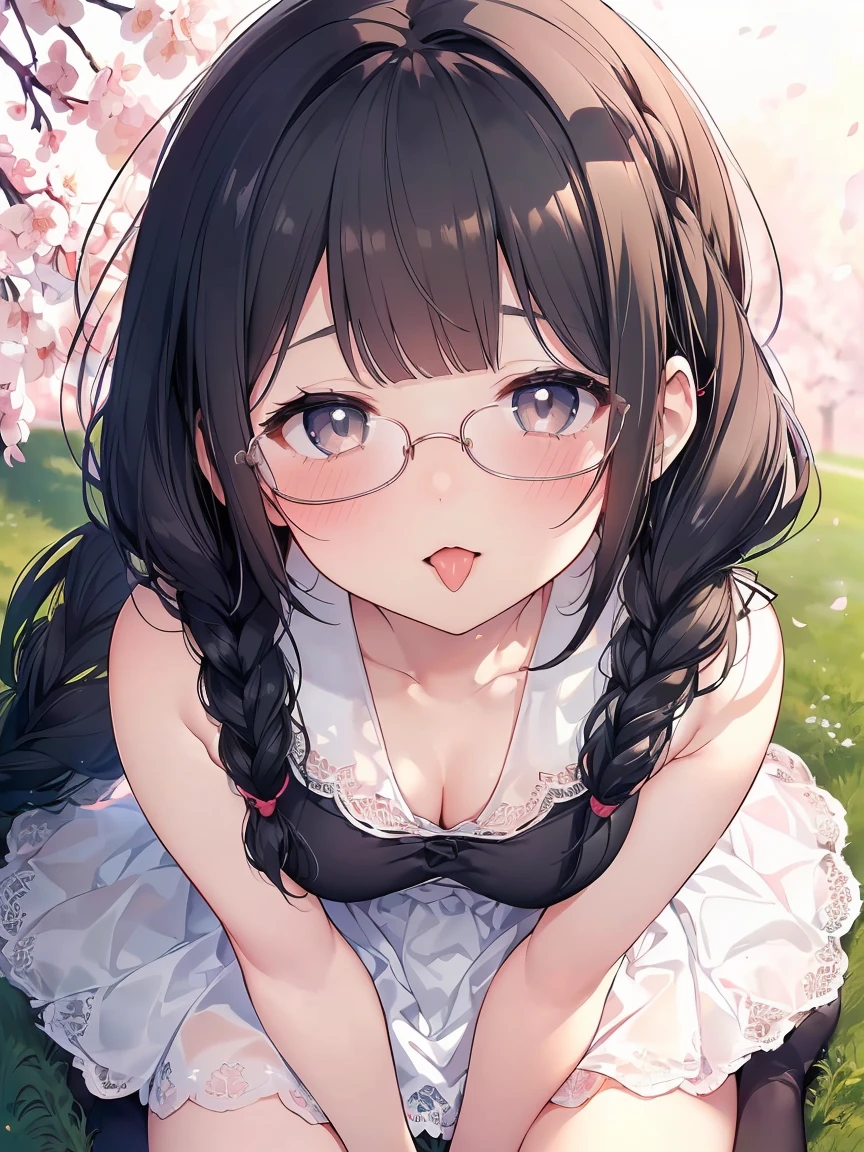 Very detailed, highest quality, High resolution, Moe Anime, ((A cute elementary school girl with black hair and droopy eyes)), ((Wearing large round glasses:1.4)), (Baby Face), Cute eyes, Detailed eye depiction, Sparkle in the eyes, View your viewers, Pale skin, (Big eyes:1.4, Droopy eyes:1.4, Fatty face:1.4), smile, Focus on the face, In the park with cherry blossoms falling, Sitting, (Extreme close up of tongue), (((From above))), Open your mouth, (((Face only:1.3))), ((white lace sleeveless dress)), Bright Eyes, Light from the front, (Put your hands between your legs:1.4), large and long tongue, Cleavage, Braided hairstyle