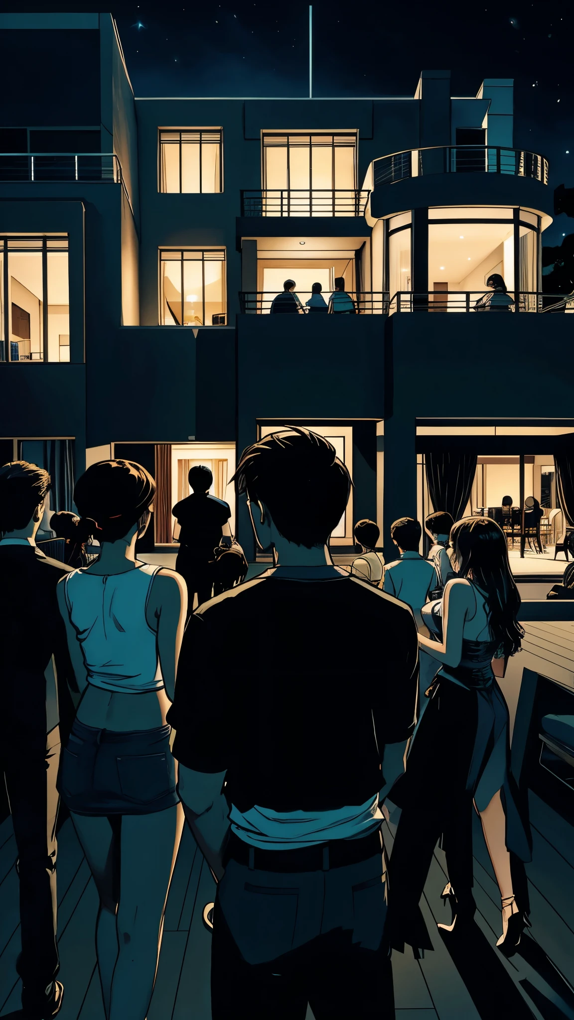 many people having a party in a modern mansion at night. Young people