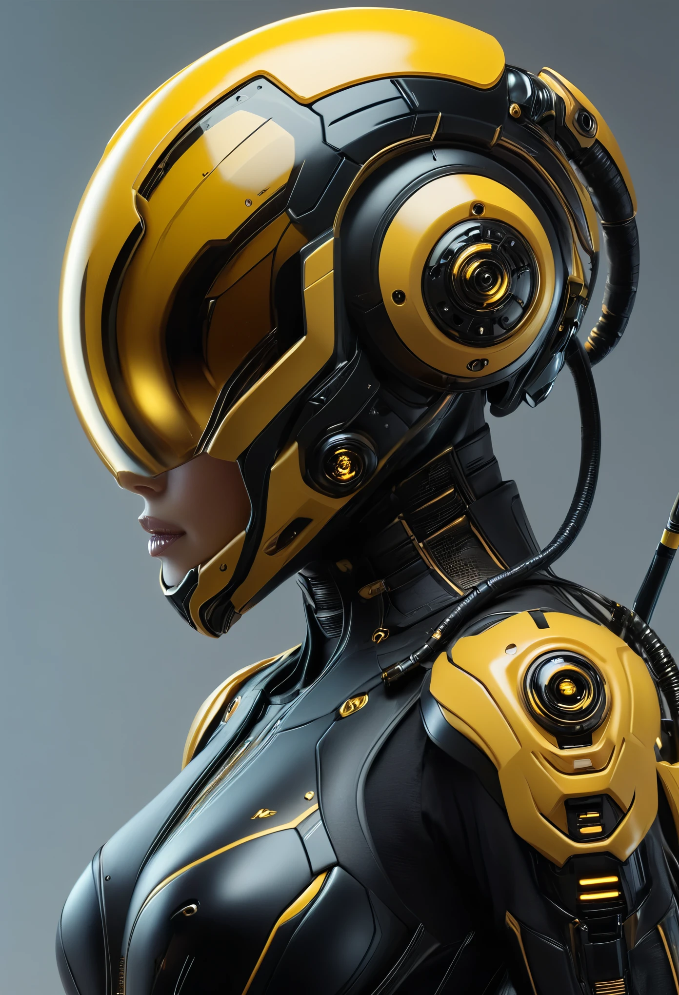 (Best Quality, 4K, 8K, High Definition, Masterpiece:1.2), (Ultra Detailed, Realistic, Photorealistic:1.37),A terrifying female combat android combined with a human female and a hornet, A full-face helmet shaped like a wasp's face, featuring yellow and black color scheme like a hornet, enormous compound eyes, and futuristic technology. (NDFW:1.3)A full-face helmet modeled after the ferocious face of a wasp.