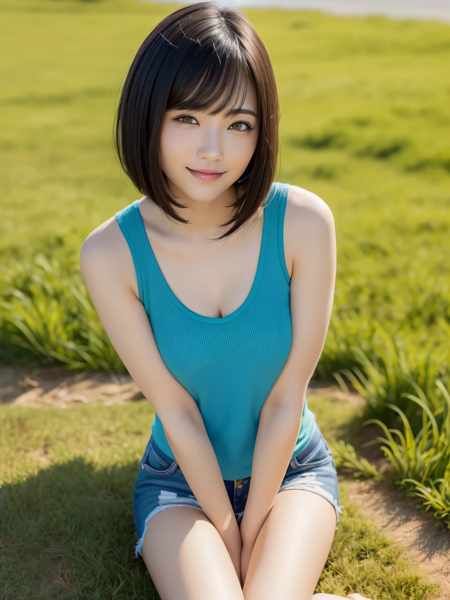 (highest quality:1.5)、(Realistic:1.5)、(1 person:1.5)、(Upper Body:1.5)、Very detailed、High resolution、8k wallpaper、、Small breasts、Natural color lips、Cute Smile、Japanese women、20-year-old girl、Beautiful and elegant face、Perfect and beautiful face、Big eyes、Brunette eyes、Beautiful and elegant face、Natural double eyelids、Natural Bangs、Beautiful thin nose、Beautiful Skin、Chestnut Hair、Medium Bob Hair、Short Hair、Natural Bangs、Perfect and beautiful face、Slim face and figure、(Looking at the camera with a cute expression)、Bright lighting、Professional Lighting、Forward lighting、Cute Smile、Summer blue sky、Grass park on the mountain、Look at the viewers、Low-angle composition、(Staring at the camera with a cute expression)、(Lighting the face)、Bright lighting、Professional Lighting、Forward lighting、Cute Smile、Beautiful clavicle、Beautiful feet:1.2、Smooth Skin、Beautiful cleavage、Tank top、hot pants、Sit on the grass、wariza, Place your hands between your legs、Beautiful thighs、Sit down、Leaning forward、Shots from low angles、Girl sitting、seiza、