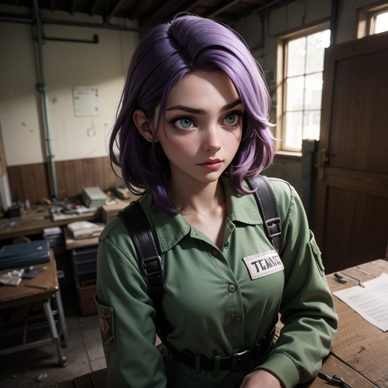 Girl wears open combenison, Chernobyl exclusion zone, S.T.A.L.K.E.R, purple hair, green eyes, scar above her left eyebrow, unarmed, scared.
