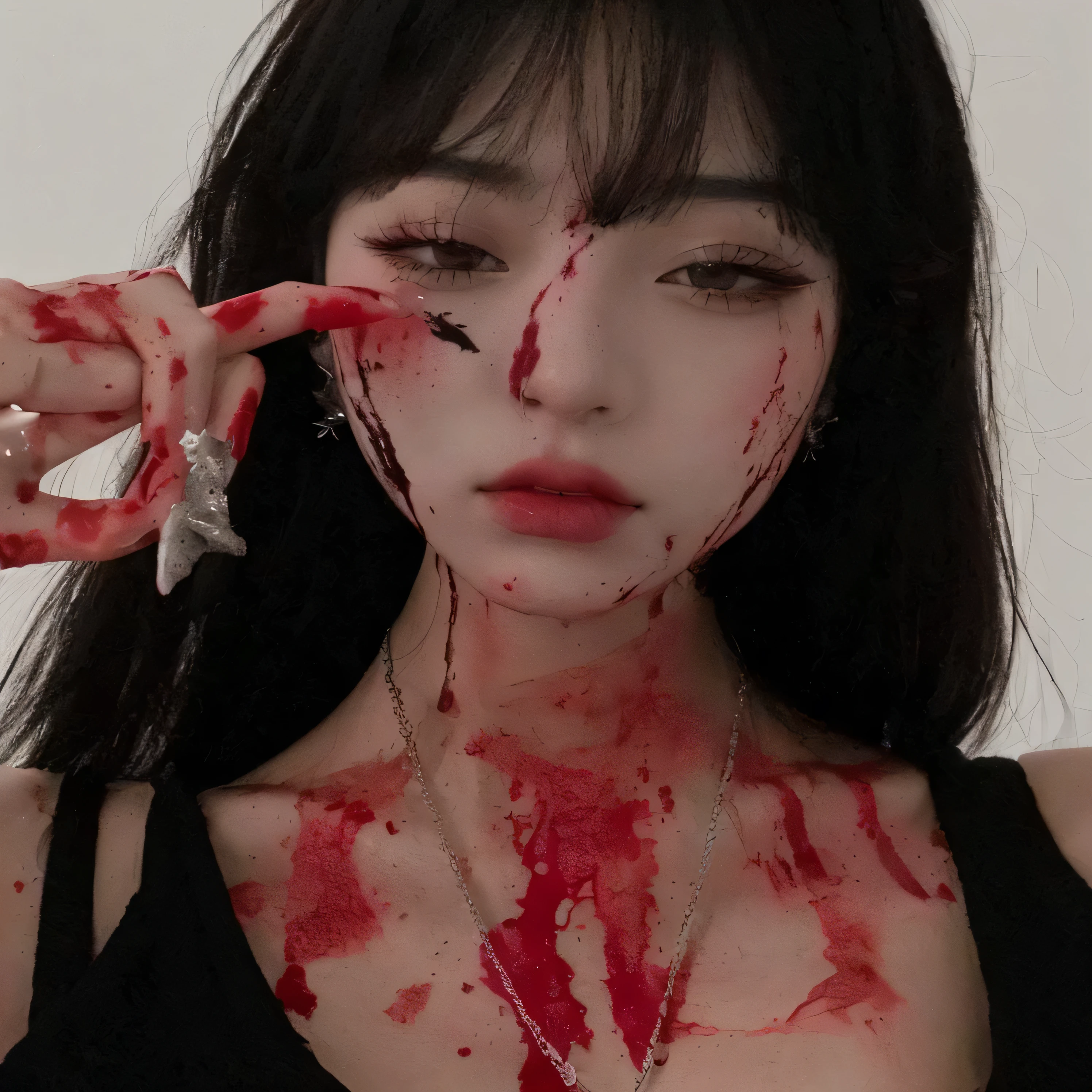 Mujer araffada con sangre en la cara y manos sosteniendo tijeras., cruel korean gothic girl, sangriento, sangriento face, horror aesthetic, cara limpia y brutal con sangre, sangre en la ropa y la cara, creepy aesthetic, pale woman covered in blood, brutal sangriento and sluty make up, brutal sangriento sluty make up, ulzzang, salpicado de sangre, sangriento eyes