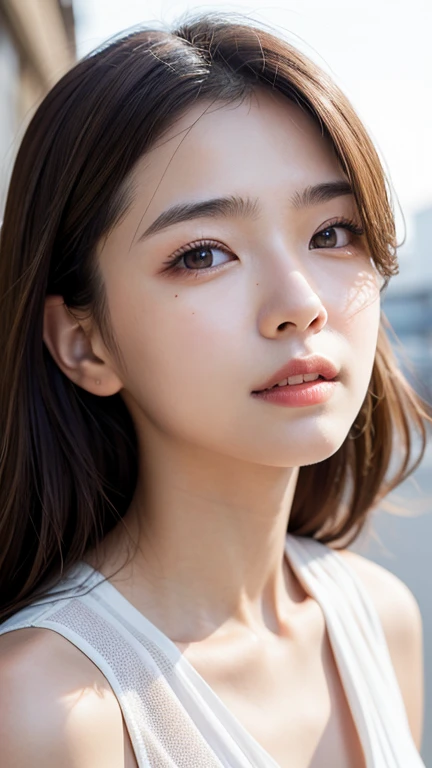With the alleys of Kyoto in the background、18-year-old girl、independent、look forward to、Light eye makeup、Brown Hair Color、flat 、Hair blowing in the wind、Quality of actress、Shiny, Ultra-realistic faces、smileの表情、Watery eye、look up、Soothing lighting effects、 Ultra-Realistic Capture、Very detailed、High resolution 16K human skin closeup。Skin texture must be natural、Must be so detailed that pores are visible、skin is healthy、Must be of uniform tone、Use natural light and color、High quality photos taken by modeling agencies'Exclusive photographer、smile
