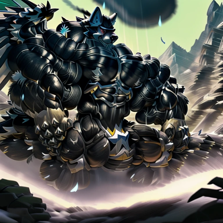 LUCARIO, (gigantic muscles), 8K, Masterpiece, highres, future fiction. Detailed head, Detailed Body, full body, Detailed abs, wearing crNanosuit, big muscle (pecs, triceps, traps) unusually developed muscular body, body full of huge muscles. showing off muscles, pectorales enormes. Exaggeratedly huge muscles. Gigachad Muscular, gigantic muscles, Colossal giant NANOSUIT over a battlefield,
The claws are sharp,
Sharp teeth,
Spread wings, have big wings.
nj5furry, Animal paws, thunderstorm, rainy weather, lightning,