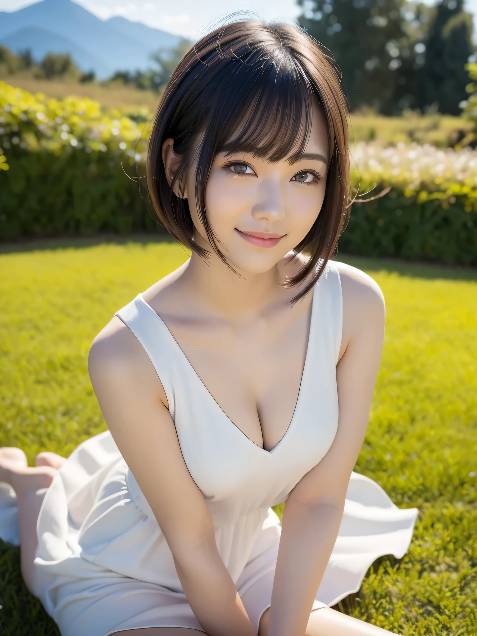 (highest quality:1.5)、(Realistic:1.5)、(1 person:1.5)、(Upper Body:1.5)、Very detailed、High resolution、8k wallpaper、、Small breasts、Natural color lips、Cute Smile、Japanese women、20-year-old girl、Beautiful and elegant face、Perfect and beautiful face、Big eyes、Brunette eyes、Beautiful and elegant face、Natural double eyelids、Natural Bangs、Beautiful thin nose、Beautiful Skin、Chestnut Hair、Medium Bob Hair、Short Hair、Natural Bangs、Perfect and beautiful face、Slim face and figure、(Looking at the camera with a cute expression)、Bright lighting、Professional Lighting、Forward lighting、Cute Smile、Summer blue sky、Grass park on the mountain、Look at the viewers、Low-angle composition、(Staring at the camera with a cute expression)、(Lighting the face)、Bright lighting、Professional Lighting、Forward lighting、Cute Smile、Beautiful clavicle、Beautiful feet:1.2、Smooth Skin、Beautiful cleavage、White floral dress、Sit on the grass、wariza, Place your hands between your legs、Beautiful thighs、Sit down、Leaning forward、Shots from low angles、Girl sitting、seiza、