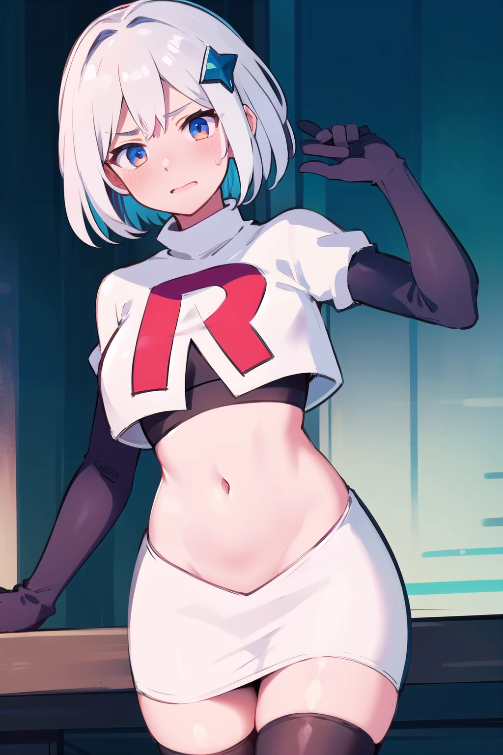 masterpiece, best quality, topaz, 1girl, silver hair,multicolored hair, hair, hair ornament, embarrassed, team rocket,team rocket uniform,white skirt,red letter R,crop top,black thigh-highs,black elbow gloves, breasts, 